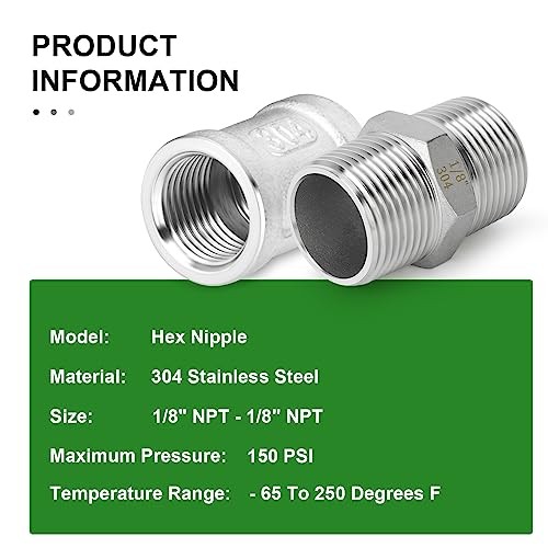 12PCS 304 Stainless Steel Hex Nipple 1/8″ MNPT × 1/8″ MNPT，Coupling 1/8″ NPT