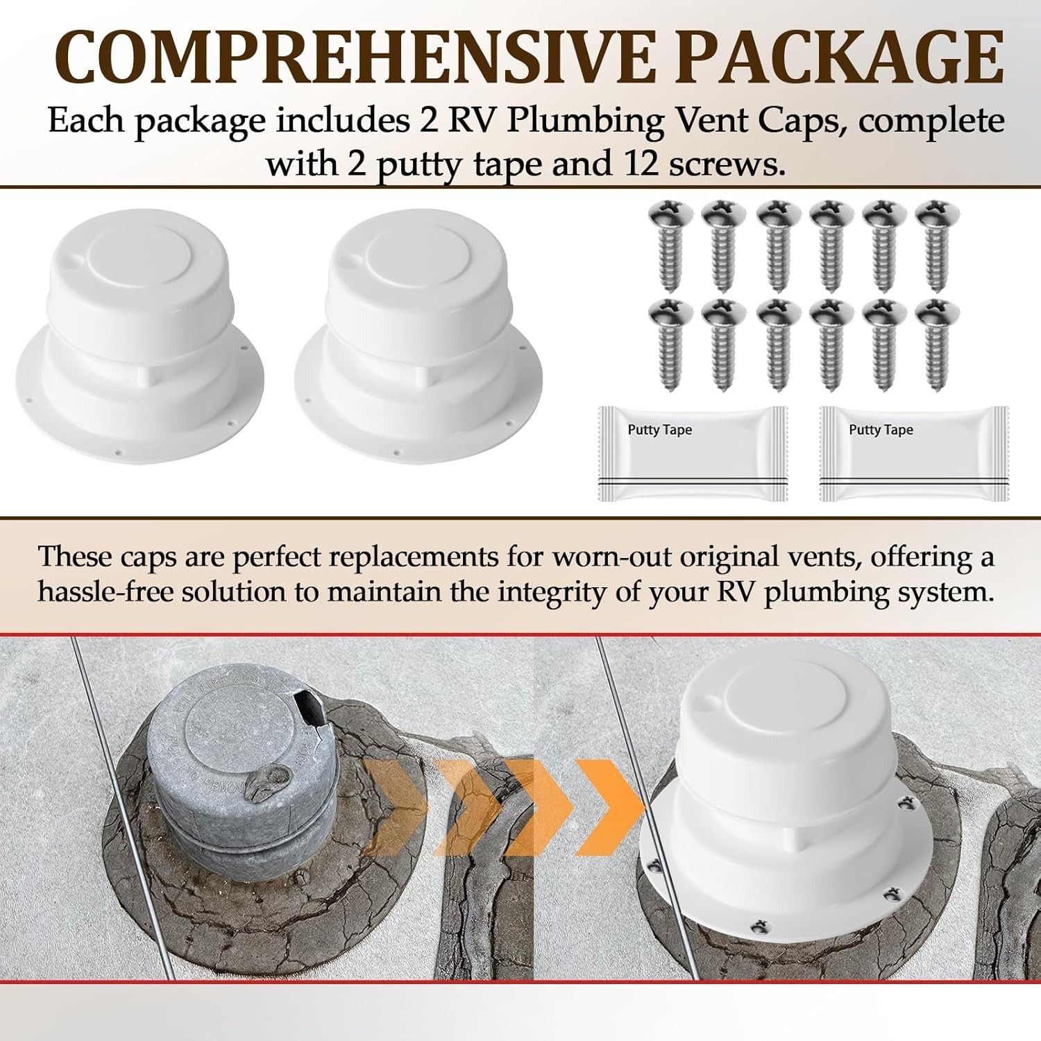 (2 Pack, White RV Roof Vent Cover Kits with Putty Tape and Screws, Camper Vents