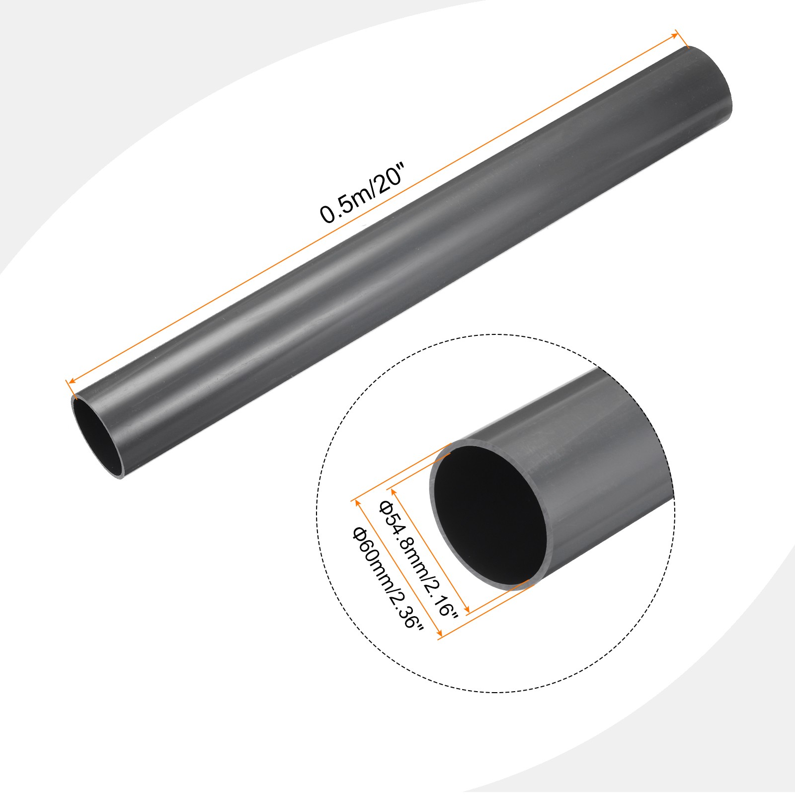 PVC Rigid Round Pipe 54.8mm ID 60mm OD 500mm Light Grey High Impact