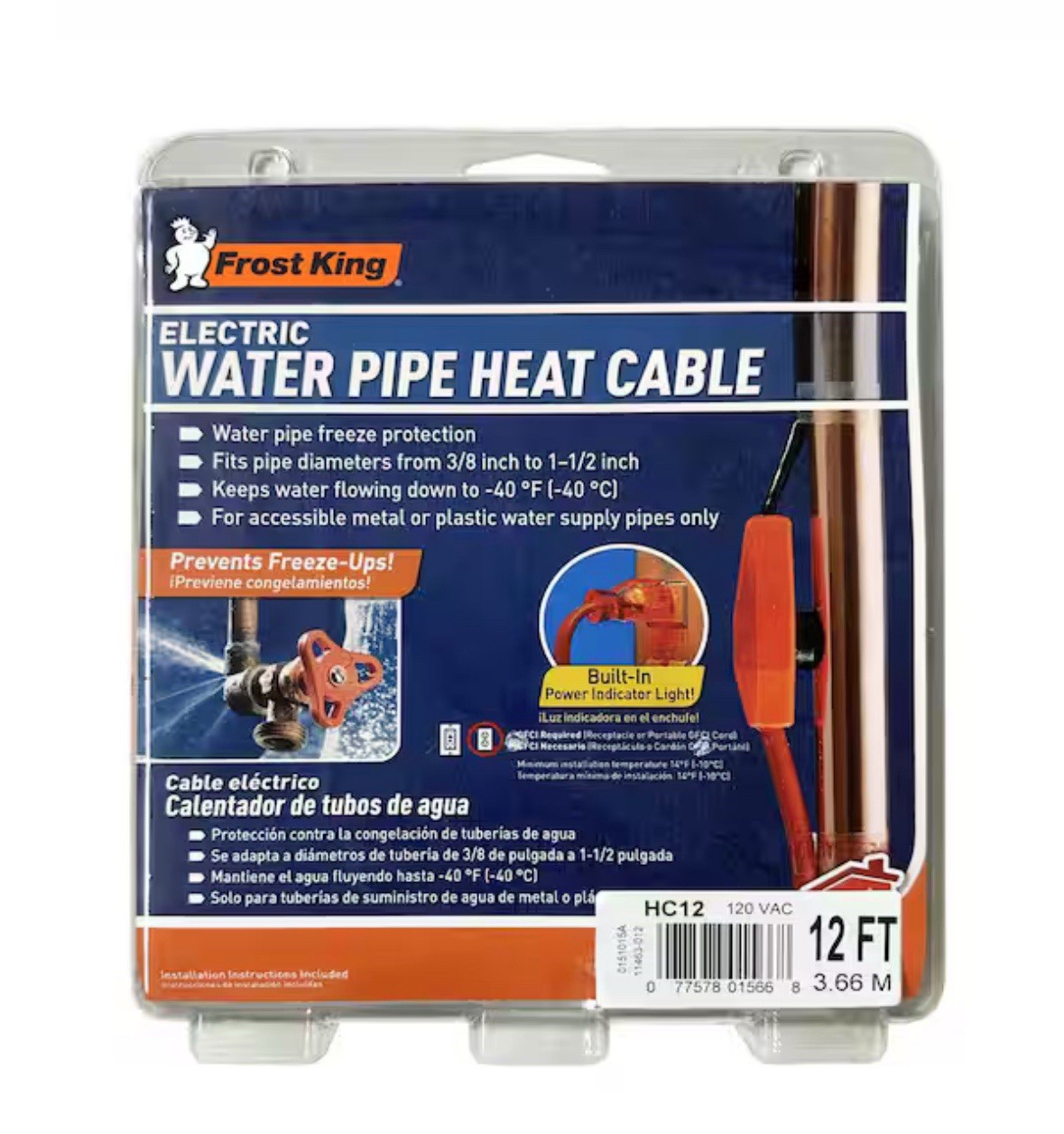 NEW Frost King 12 FT ELECTRIC WATER PIPE HEAT CABLE KIT (HC12) 120 VAC