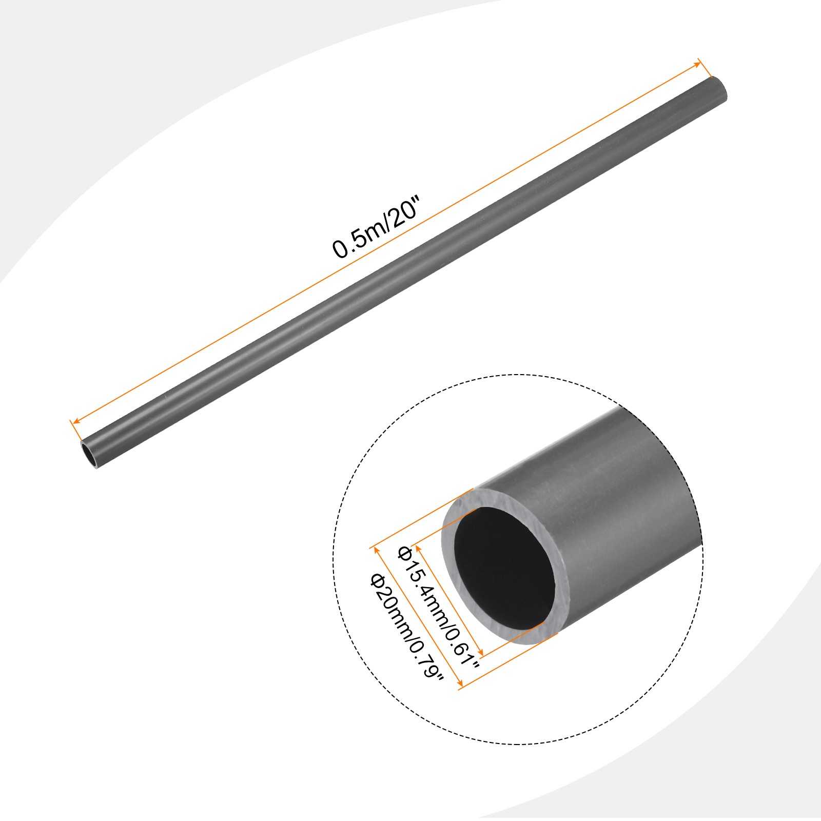 PVC Rigid Round Pipe 15.4mm ID 20mm OD 500mm Light Grey High Impact