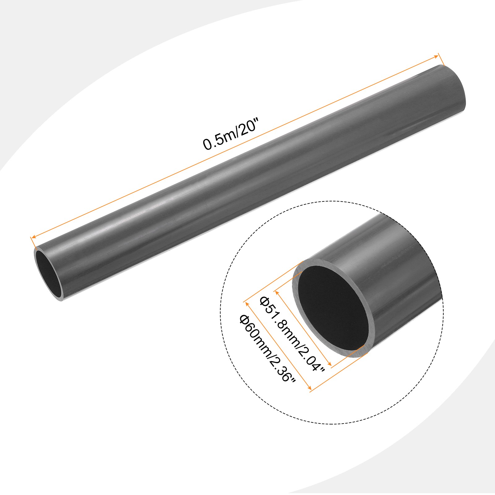 PVC Rigid Round Pipe 51.8mm ID 60mm OD 500mm Light Grey High Impact
