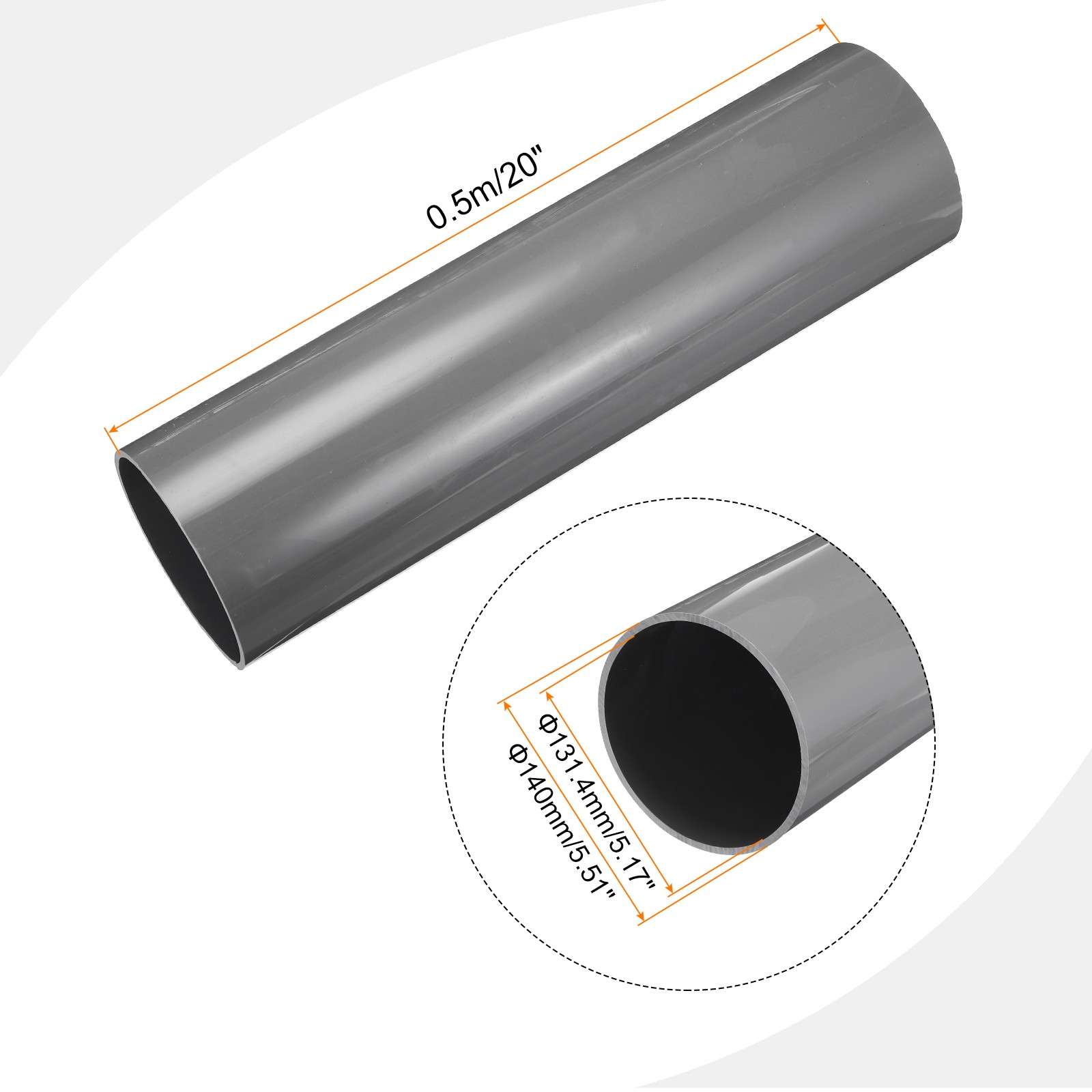 Rigid Round Pipe 131.4mm ID 140mm OD 500mm Light Grey High Impact