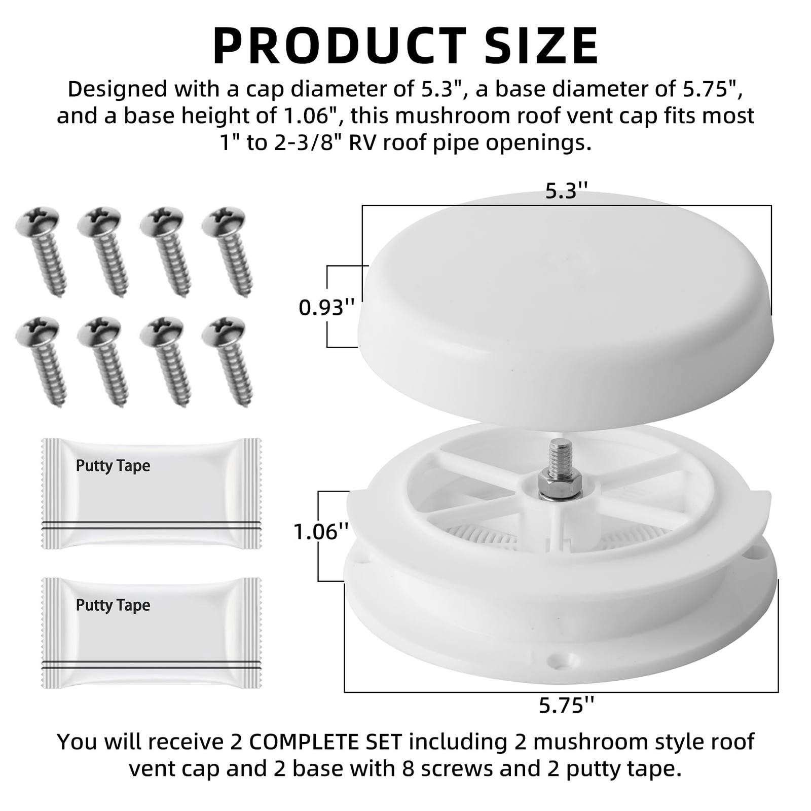 2-Pack Mushroom Style RV Roof Vent Cap with Putty Tape and Screws, Universal …