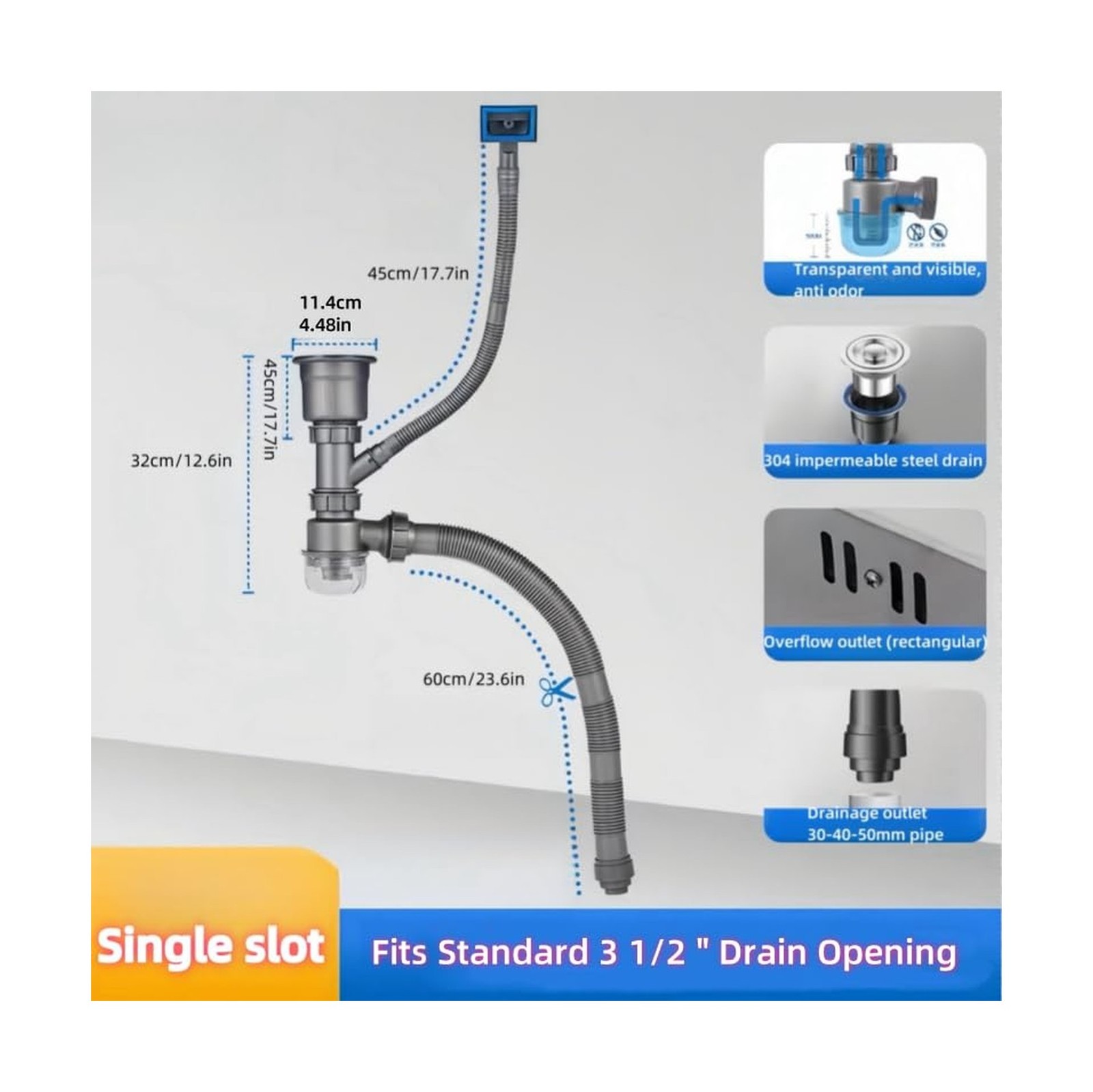 One Sink Kitchen Drainage Kit Space Saving Flexible Drain Pipe Flex… Fast Ship
