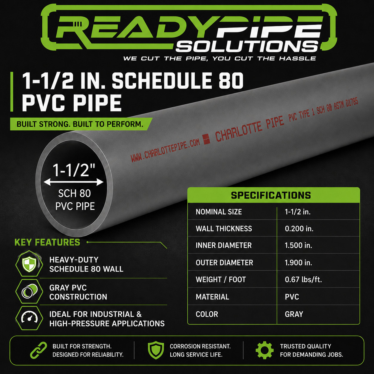 1-1/2″ Schedule 80 PVC Pipe | Gray | Custom Cut Lengths 12″-96″ | Pressure Rated