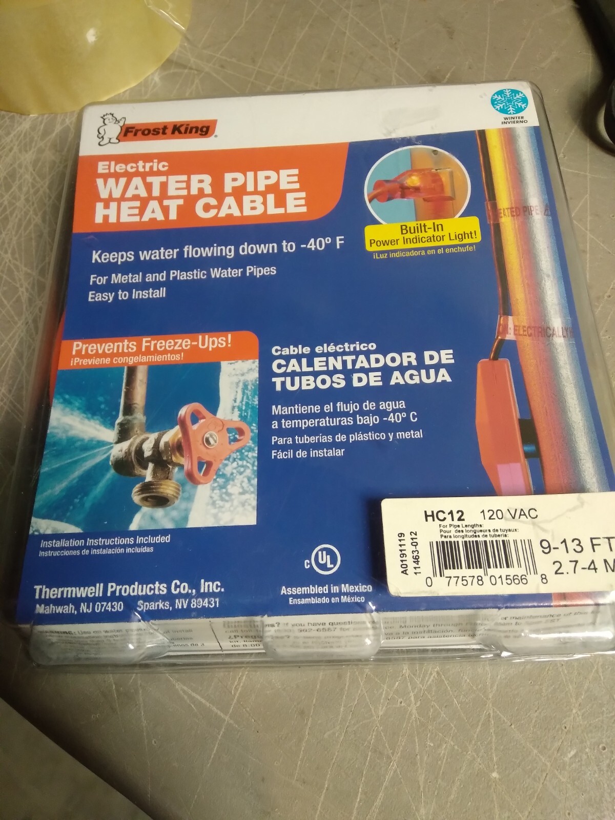 NEW Frost King Electric Water Pipe Heat Cable 12ft. HC12 #4025-20
