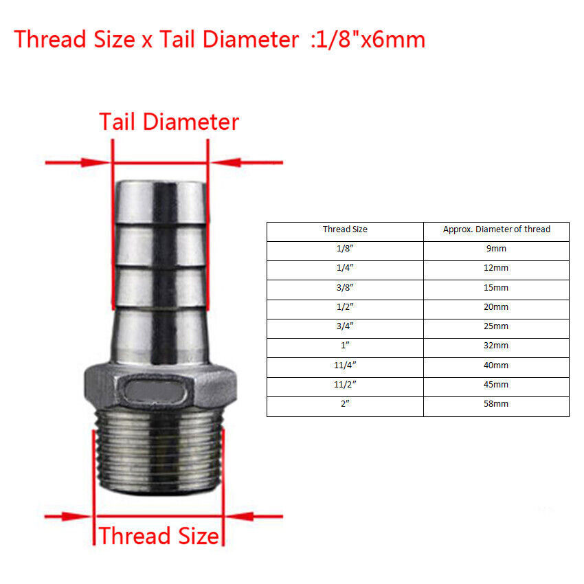 BSP 1/8″ to 2″ Male Thread Stainless Steel Fitting Barb Hose Tail End Connector