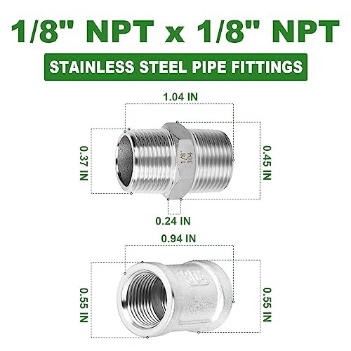12PCS 304 Stainless Steel Hex Nipple 1/8″ MNPT × 1/8″ MNPT，Coupling 1/8″ NPT
