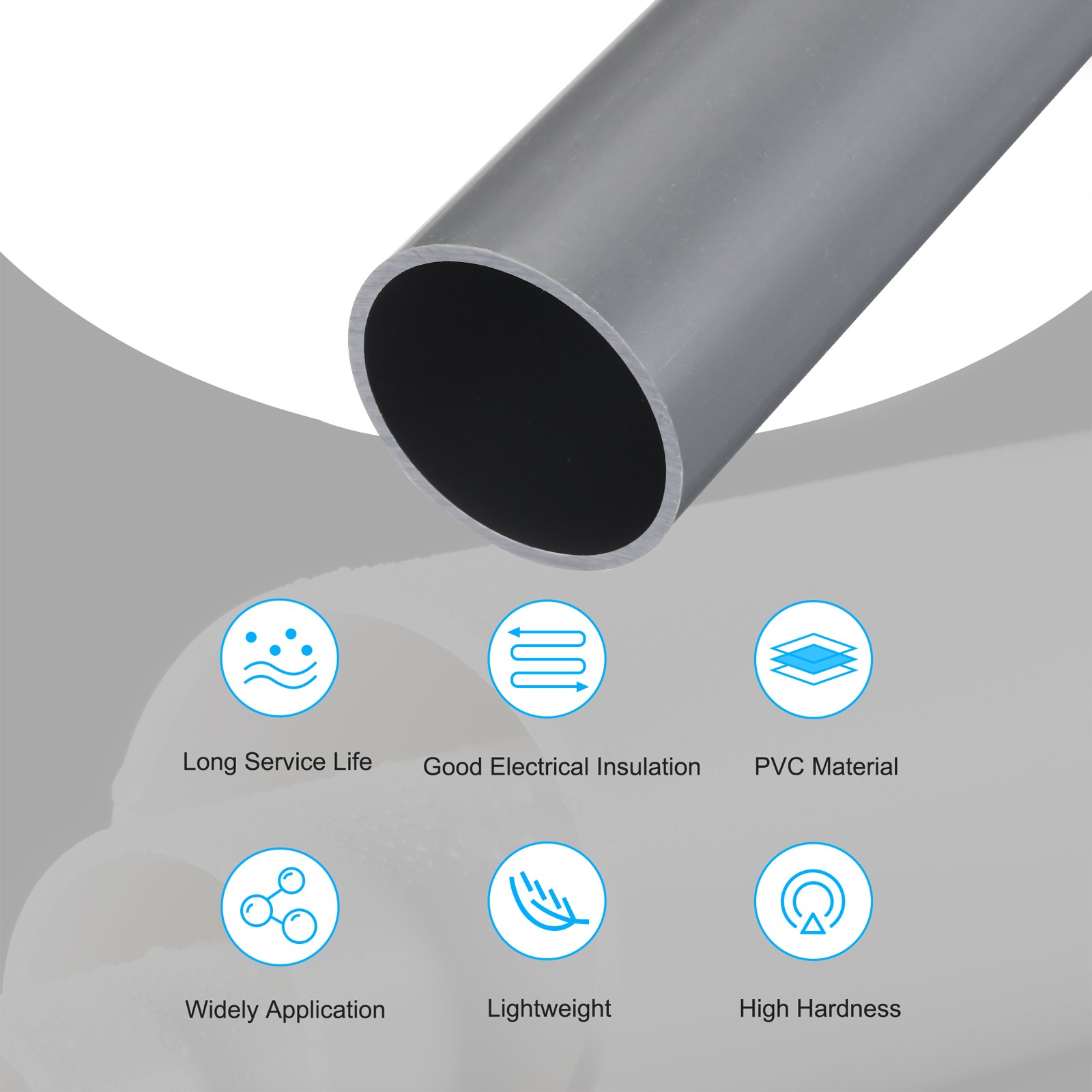 PVC Rigid Round Pipe 45.2mm ID 50mm OD 500mm Light Grey High Impact