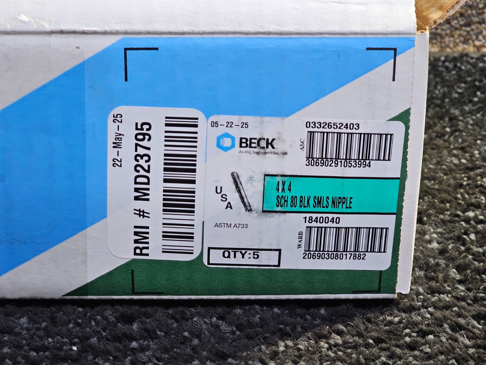 (QTY 5) Beck 0332652403 4″ X 4″ Black Pipe Nipple Sch 80 Threaded on Both Ends