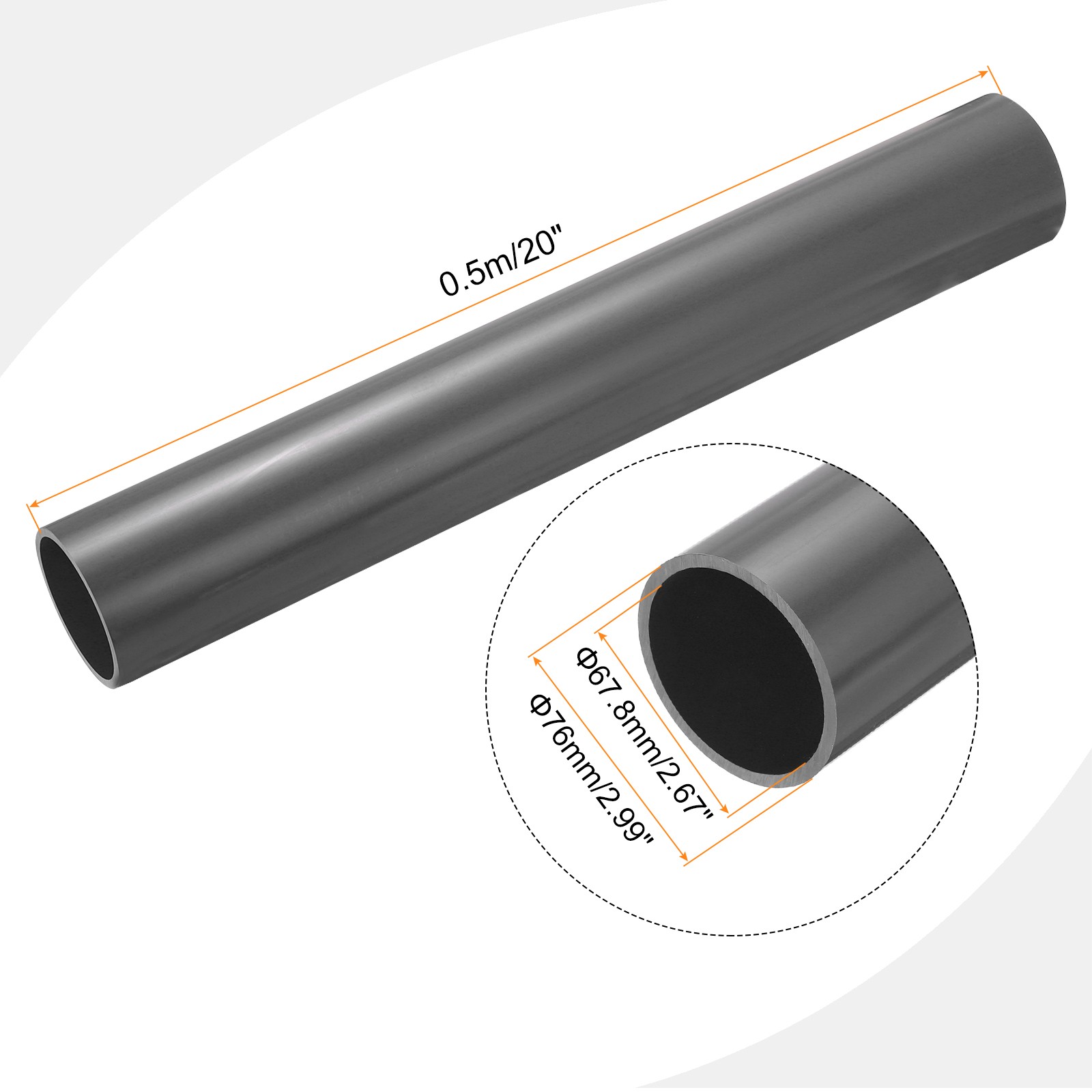 PVC Rigid Round Pipe 67.8mm ID 76mm OD 500mm Light Grey High Impact