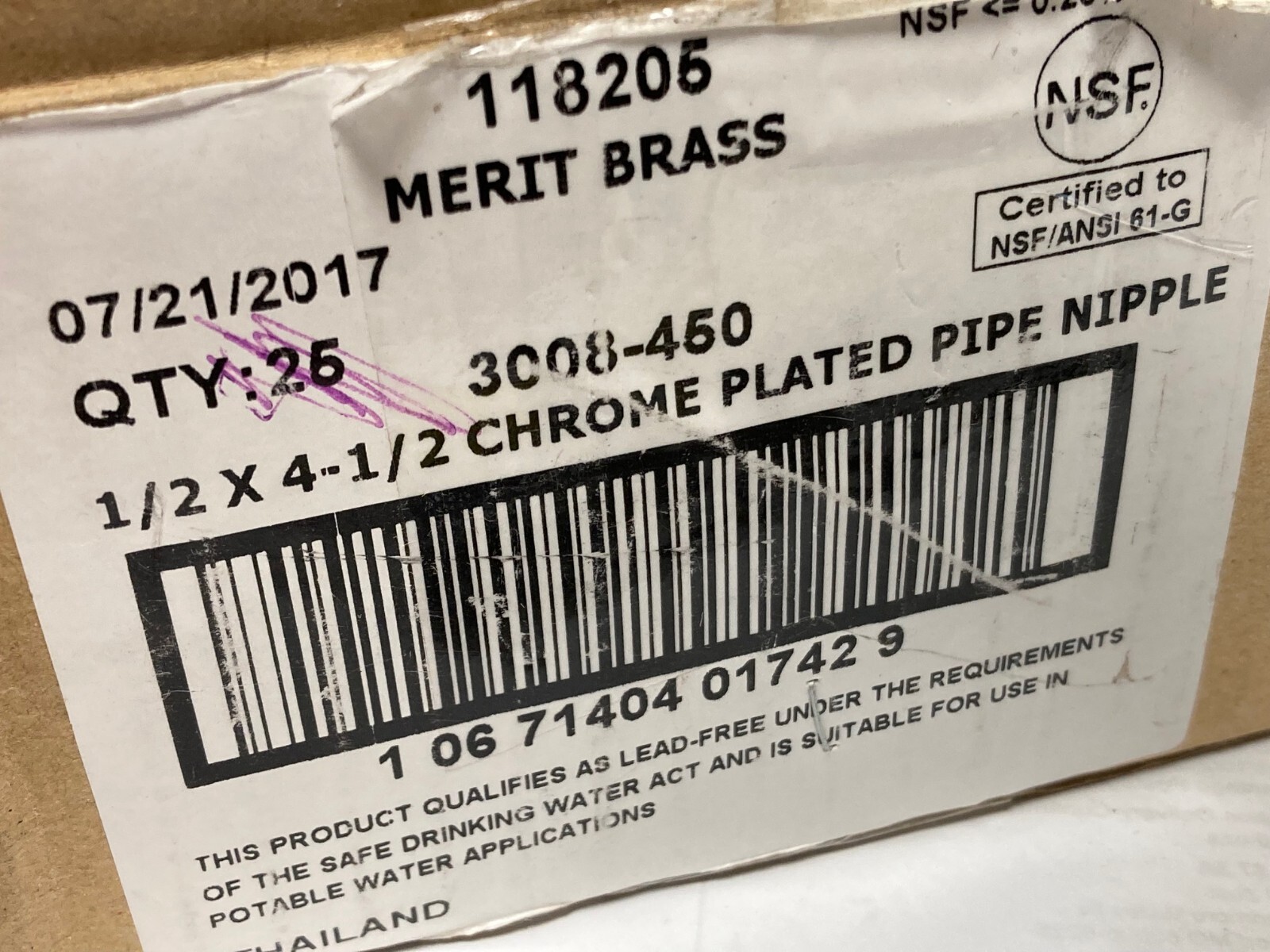 Merit Brass 3008-450, Chrome Plated Red Brass Pipe Nipple, 1/2″ NPT x 4-1/2″ OAL