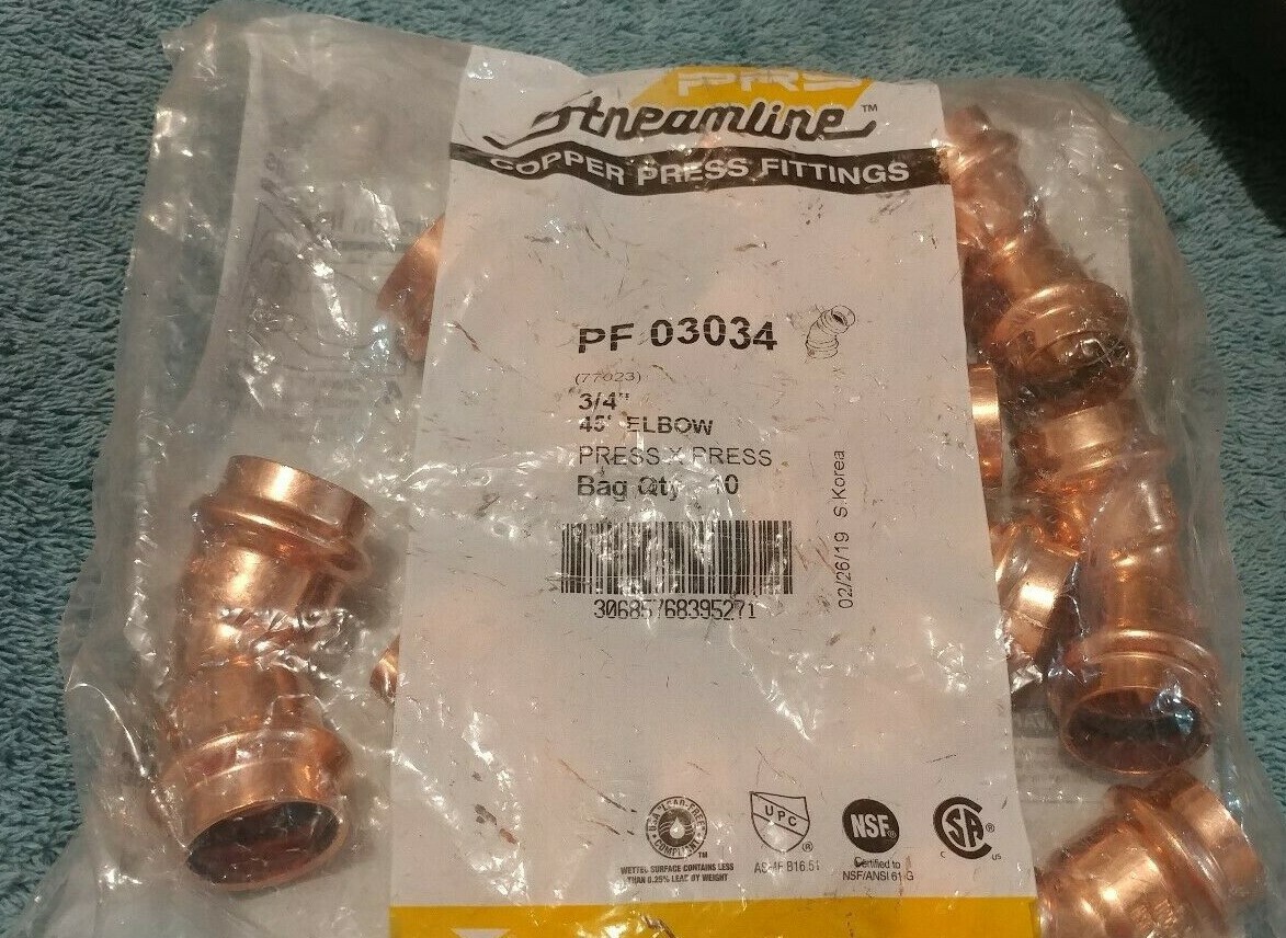PRS Mueller Streamline PF 03034 Press 45 Deg Elbow, Copper, 3/4″ x 3/4″ Qty 10