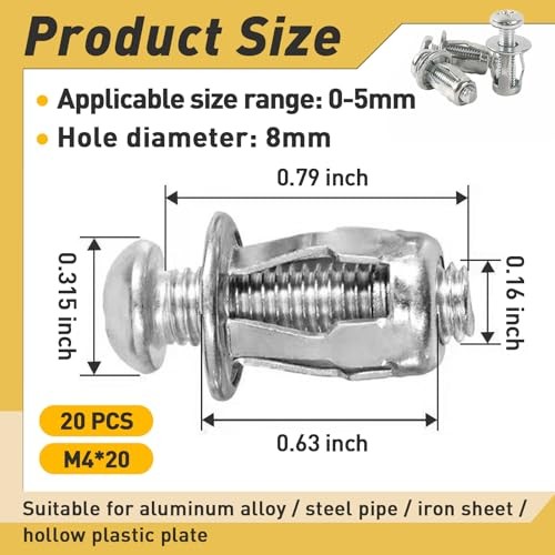 20Pcs M4 x 20 Hollow Door Anchor Set, Metal Cavity Fixing M4 x 20(8*16MM)
