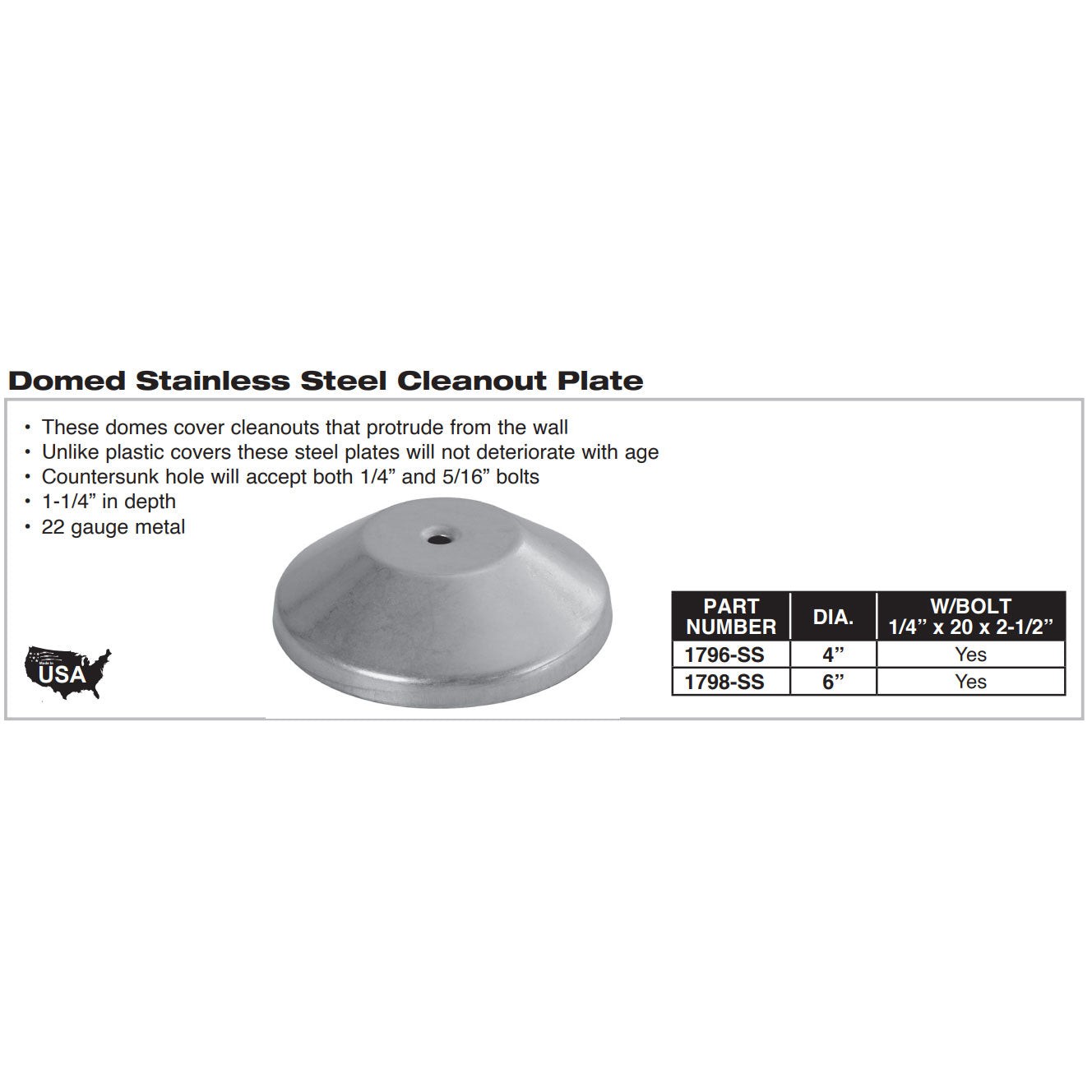 PASCO 1796-SS Cleanout Plate 4″ SS Domed 22 Ga Bolt 1/4″-5/16