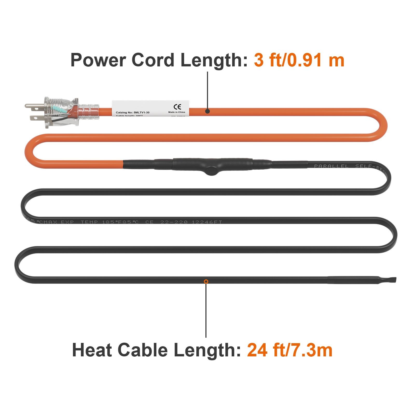 Pipe Heating Cable 24ft 5W/ ft Freeze Protection for PVC Metal Plastic Pipes