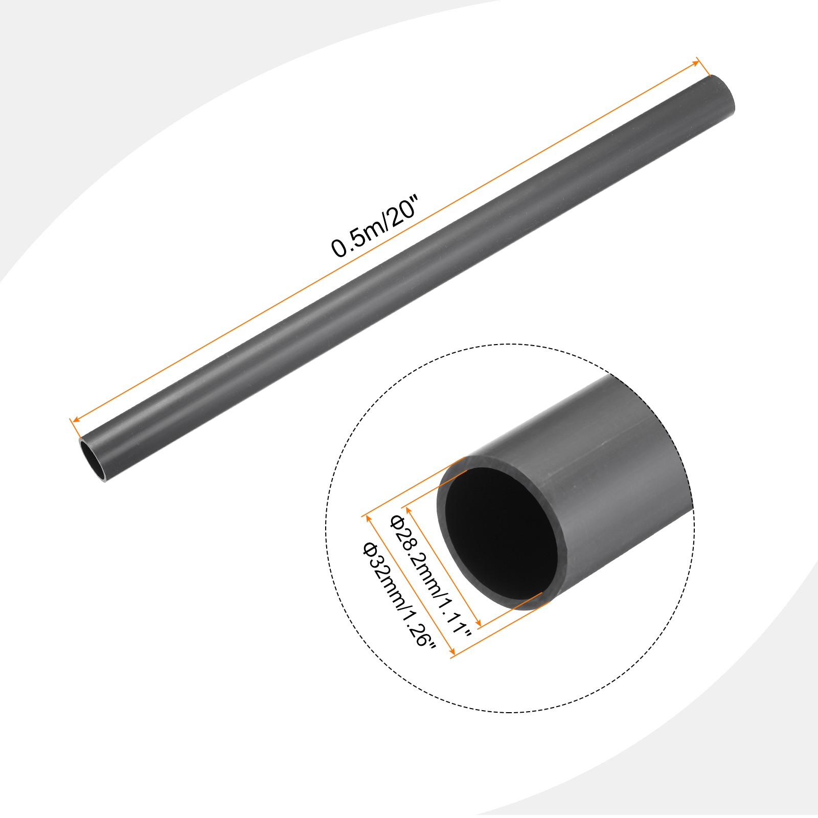 PVC Rigid Round Pipe 28.2mm ID 32mm OD 500mm Light Grey High Impact