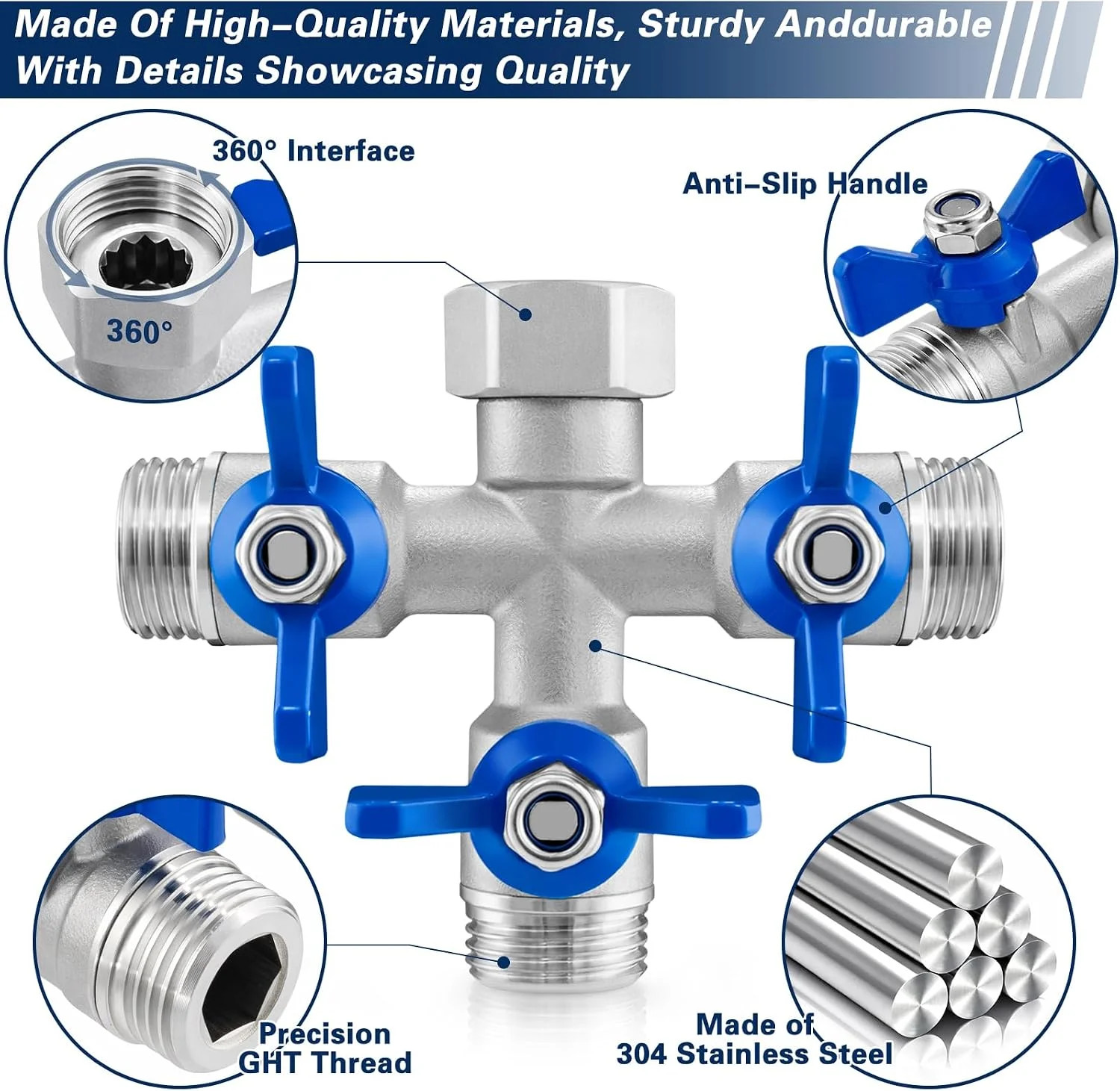 304 Stainless Steel 3 Way Garden Hose Splitter, Heavy Duty Hose Splitter with 3