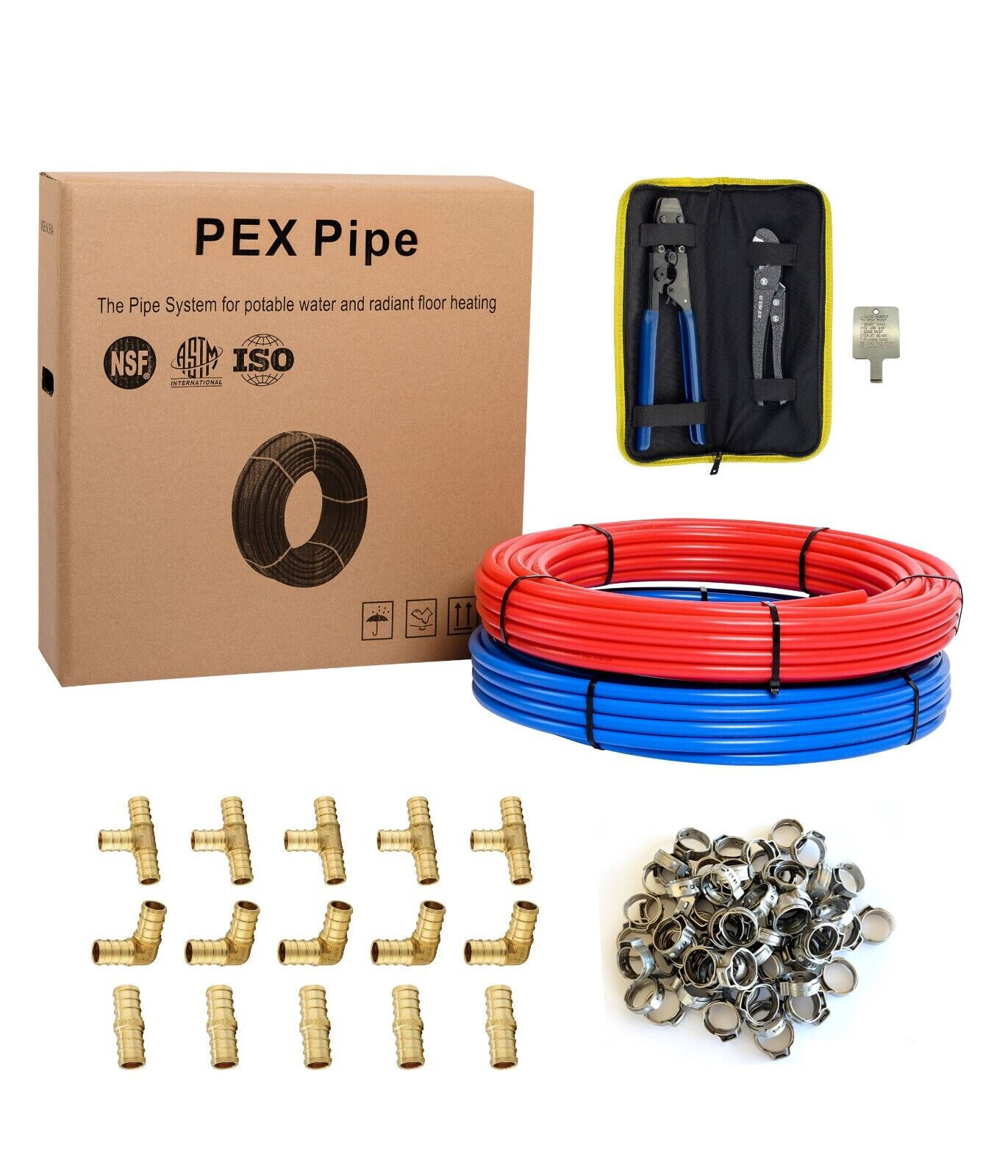 (Pex Pipe Combo)2 Rolls 3/4″ x 100ft Red &Blue Crimper, Cutter, Clamps, Fittings