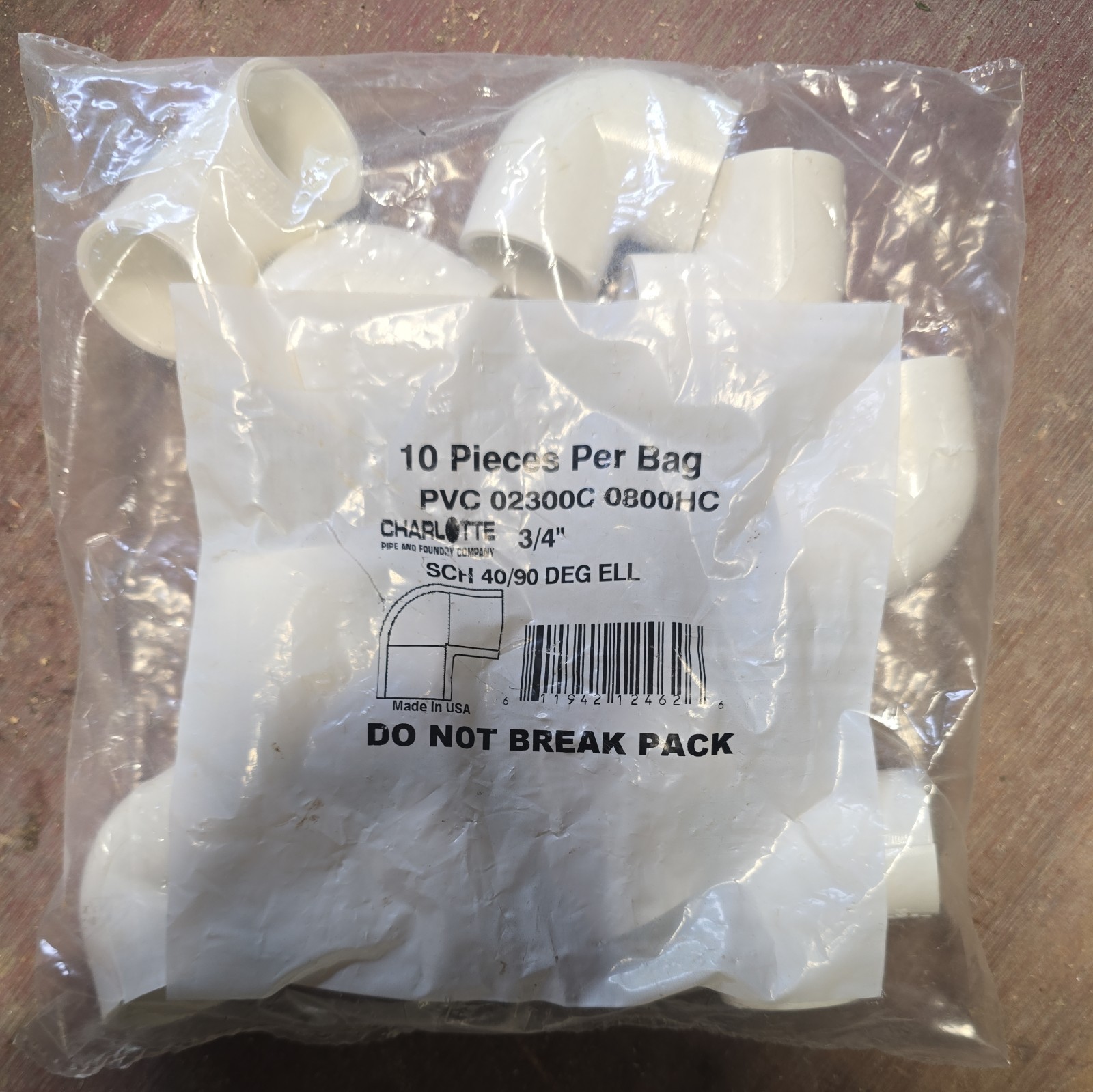 Lot of 2 Packages Charlotte PVC Pipe 10 PC 3/4″ USA Made SCH 40/90 DEG ELL