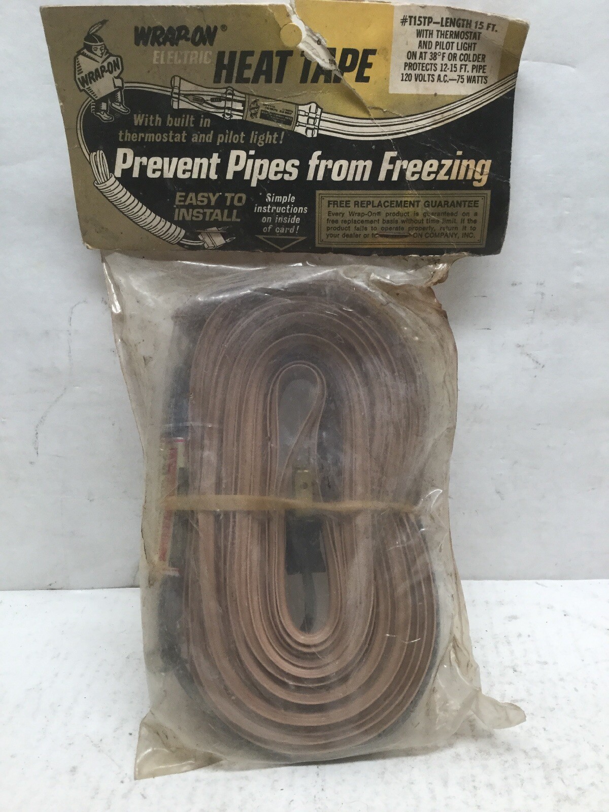 WRAP-ON 11015 – T15TP Solid Circuit Heat Tape Length 15’ 120V 75W, W/ Thermostat