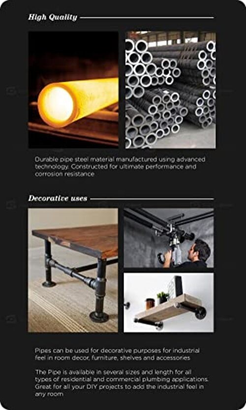 1/2 x 18 Inch Black Steel Pipe (5-Pack), Heavy Duty Industrial Malleable Iron