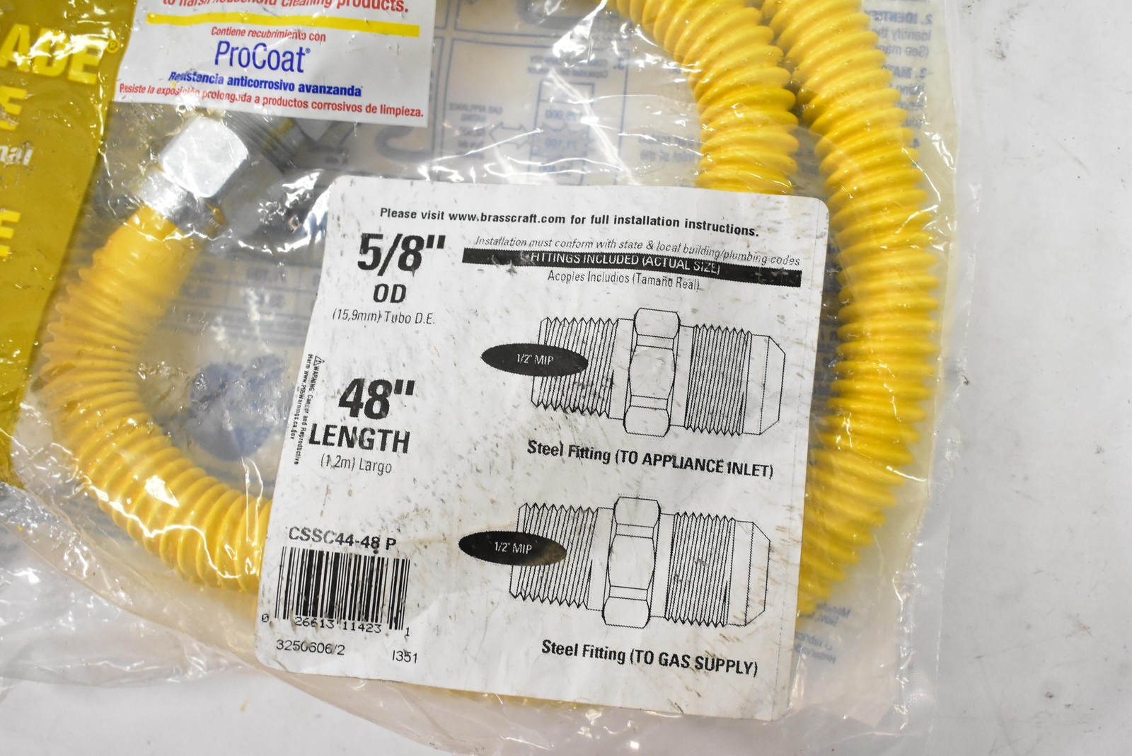BrassCraft Gas Connector 5/8 OD x 48 in ProCoat Stainless CSSC44-48P USA 1/2 MIP
