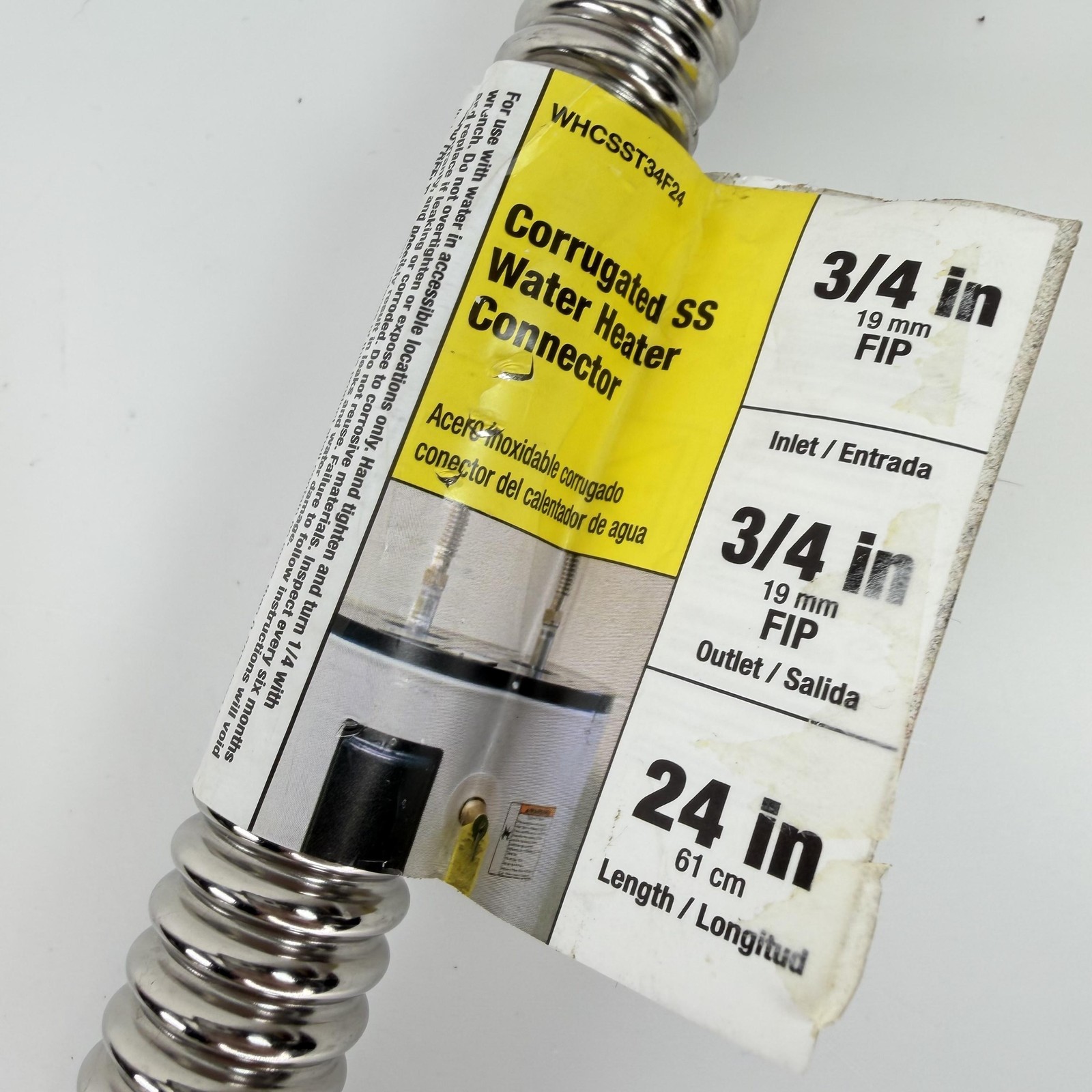 Corrugated SS Water Heater Connector 3/4 In FIP 24 In Stainless Flex Supply Line