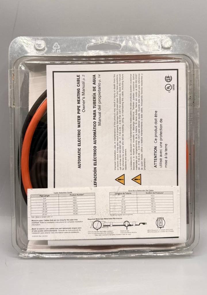 Frost King HC12 Pipe Heat Cable 12 Ft Water Pipe Freeze Protection 120V