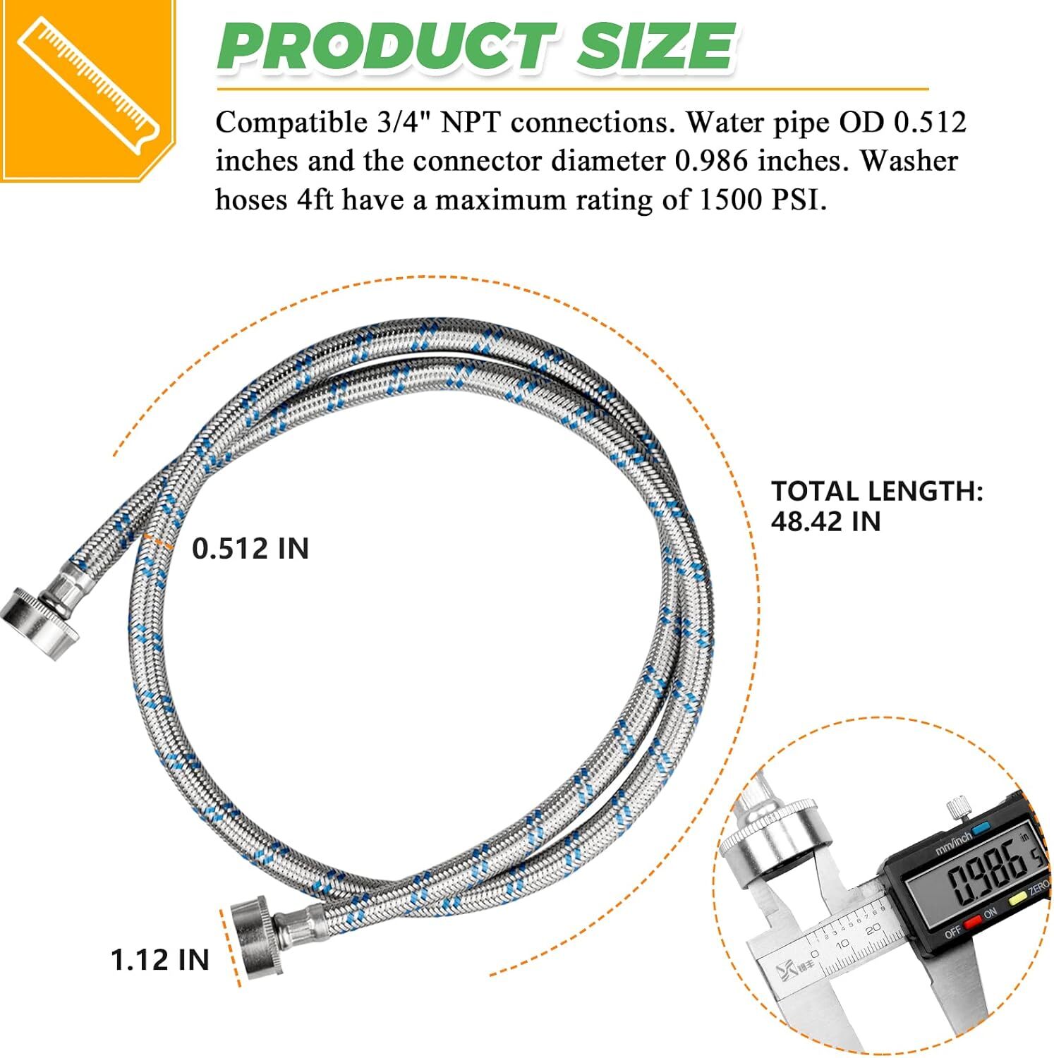 4ft Stainless Steel Washer Hoses 2-Pack – Burst Proof Hot/Cold Water Supply