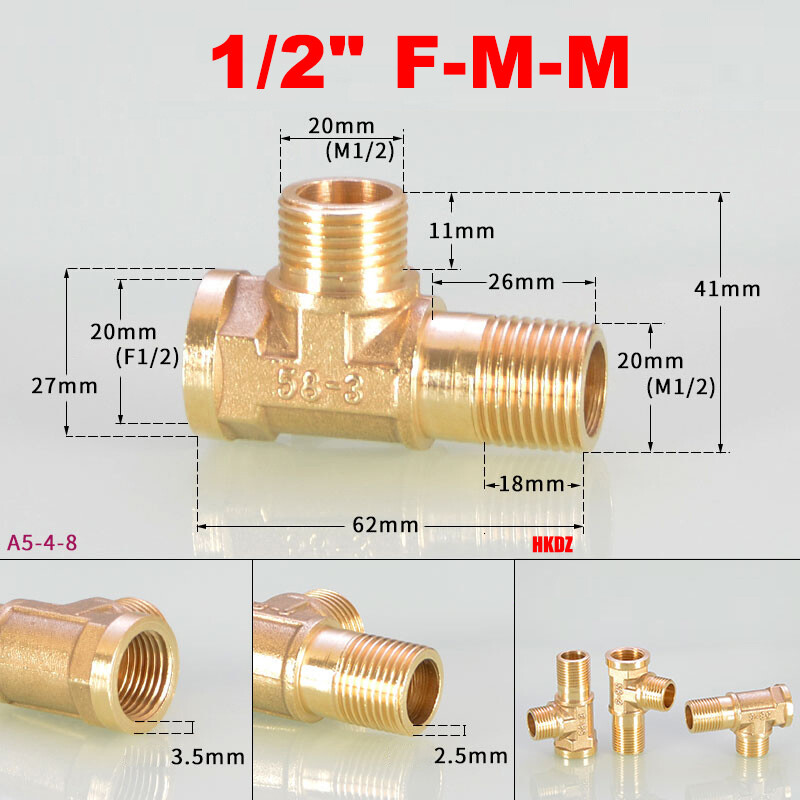 Brass BSP 1/2″ T-Shape Pipe Fittings Male/Female Thread Extension Tee Connector