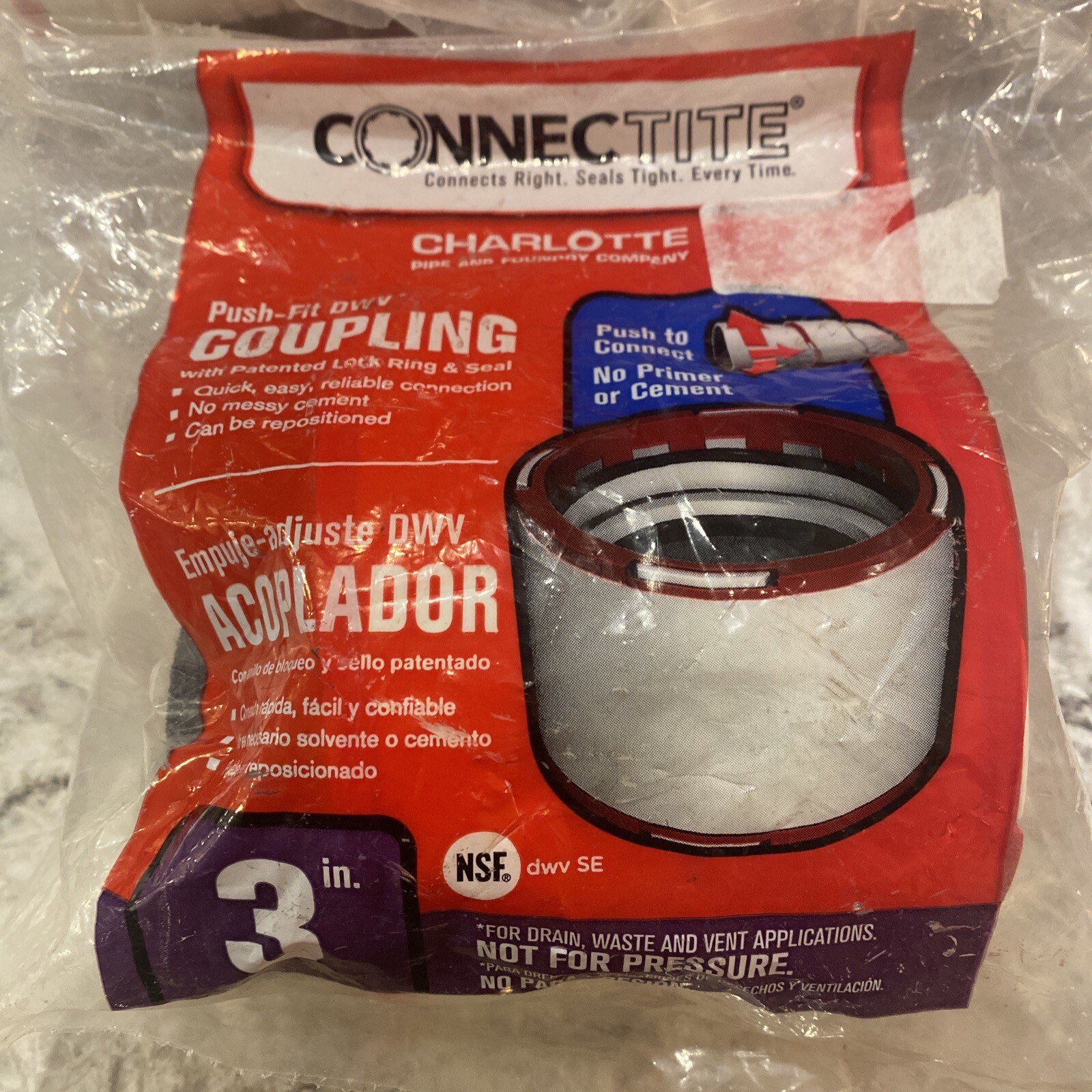 Lot of 3- Charlotte Pipe 3-in Connectite Push-Fit DWV Coupling, Quick, Easy. New