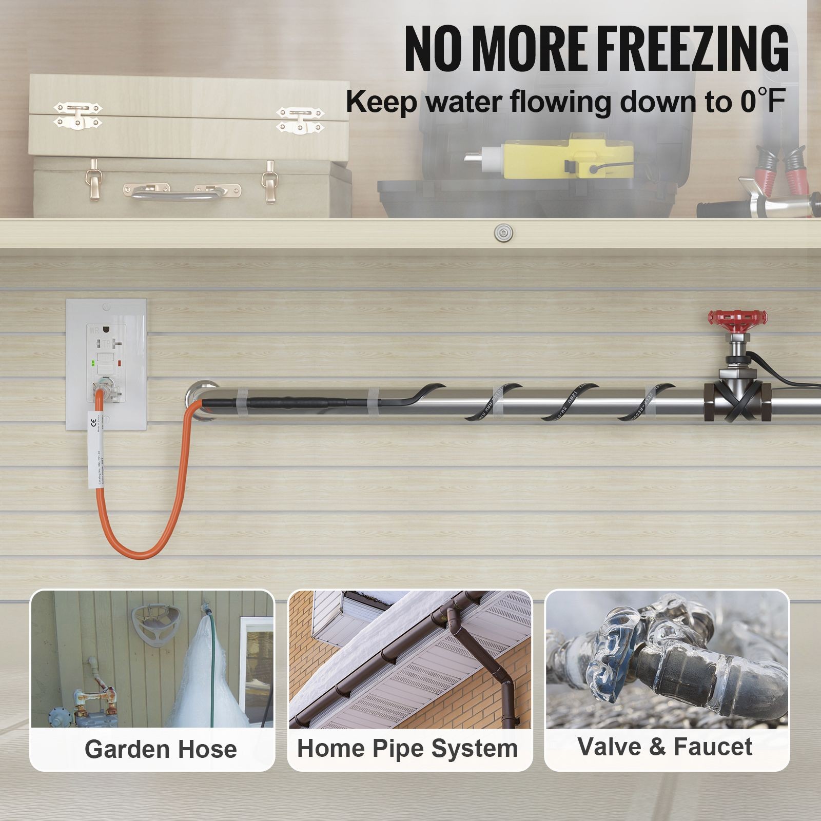 Pipe Heating Cable 24ft 5W/ ft Freeze Protection for PVC Metal Plastic Pipes