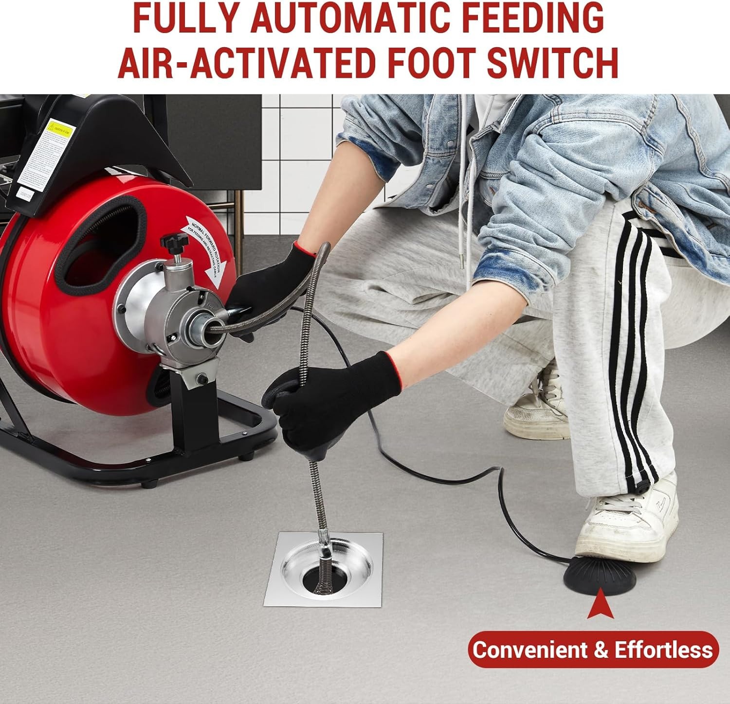 Auto Feed Drain Cleaner Machine 1/2″ 3/8″ Portable Sewer Snake Auger 75FT/100FT
