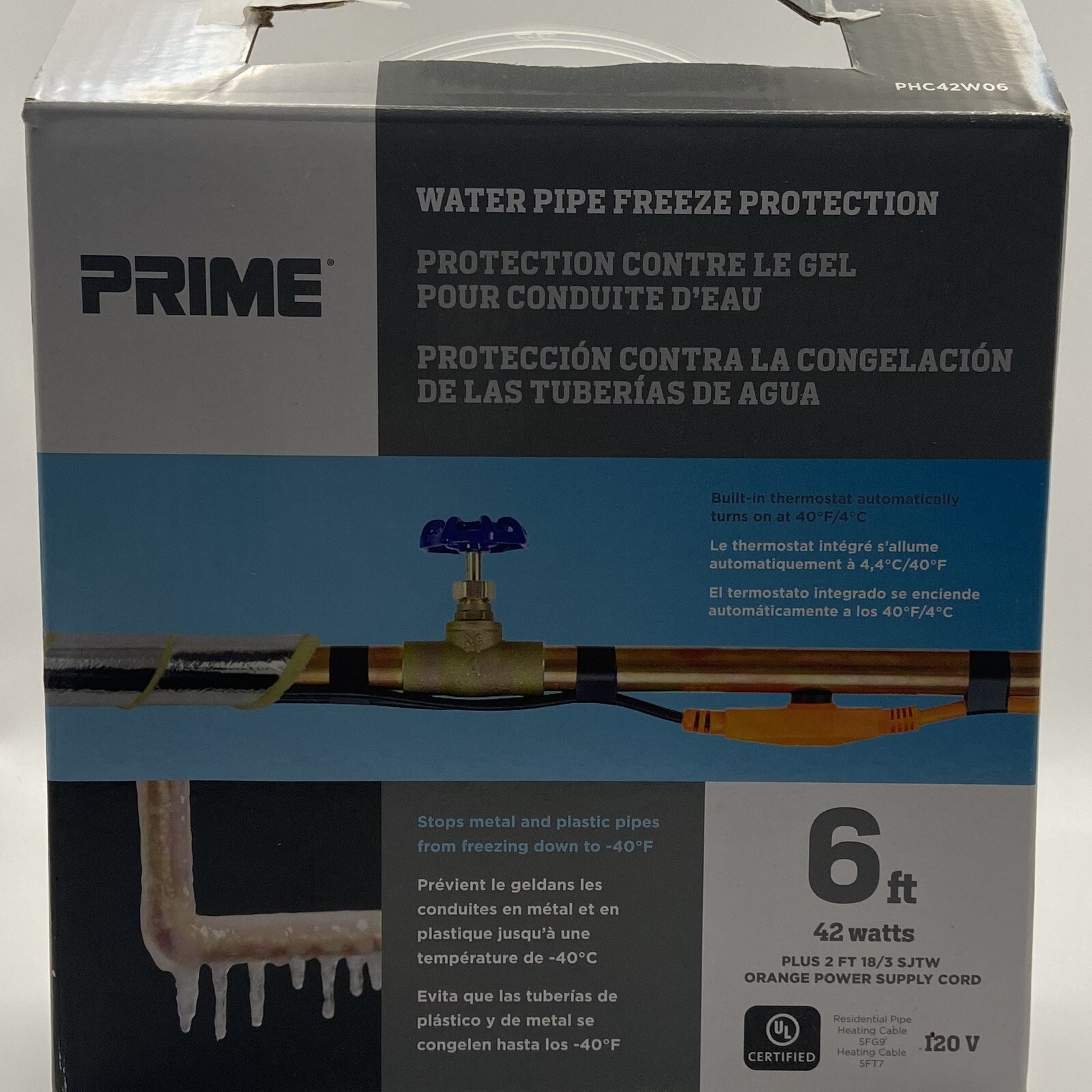 PRIME WATER PIPE FREEZE PROTECTION 6 FOOT 42 WATTS 120V for metal/plastic pipes