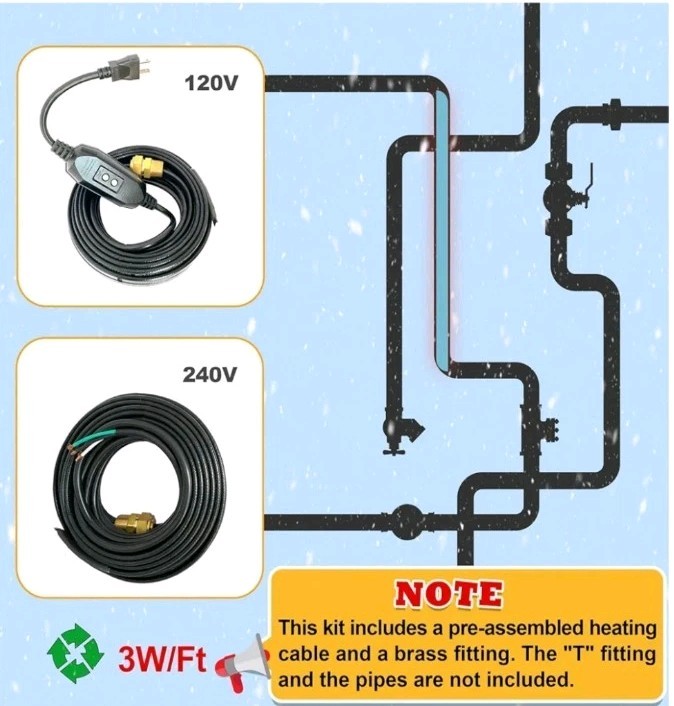 Self-Regulating Heat Cable for Freeze Protection in Pipes 50′