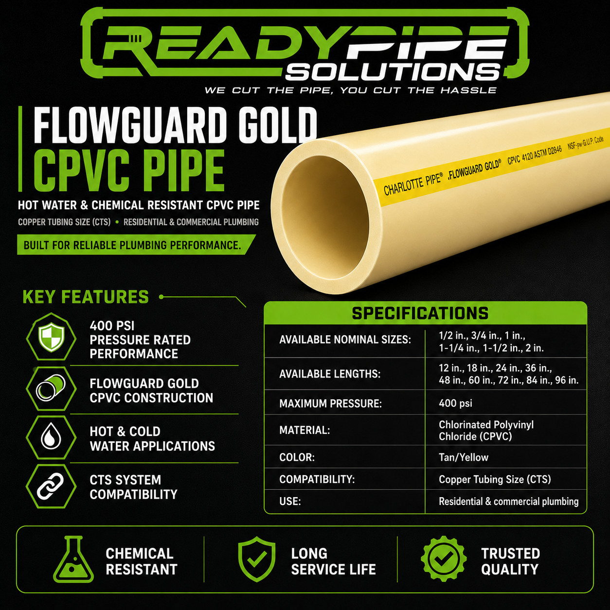 1/2″ FlowGuard Gold CPVC | Potable Water | Custom Cut | Hot Water Rated