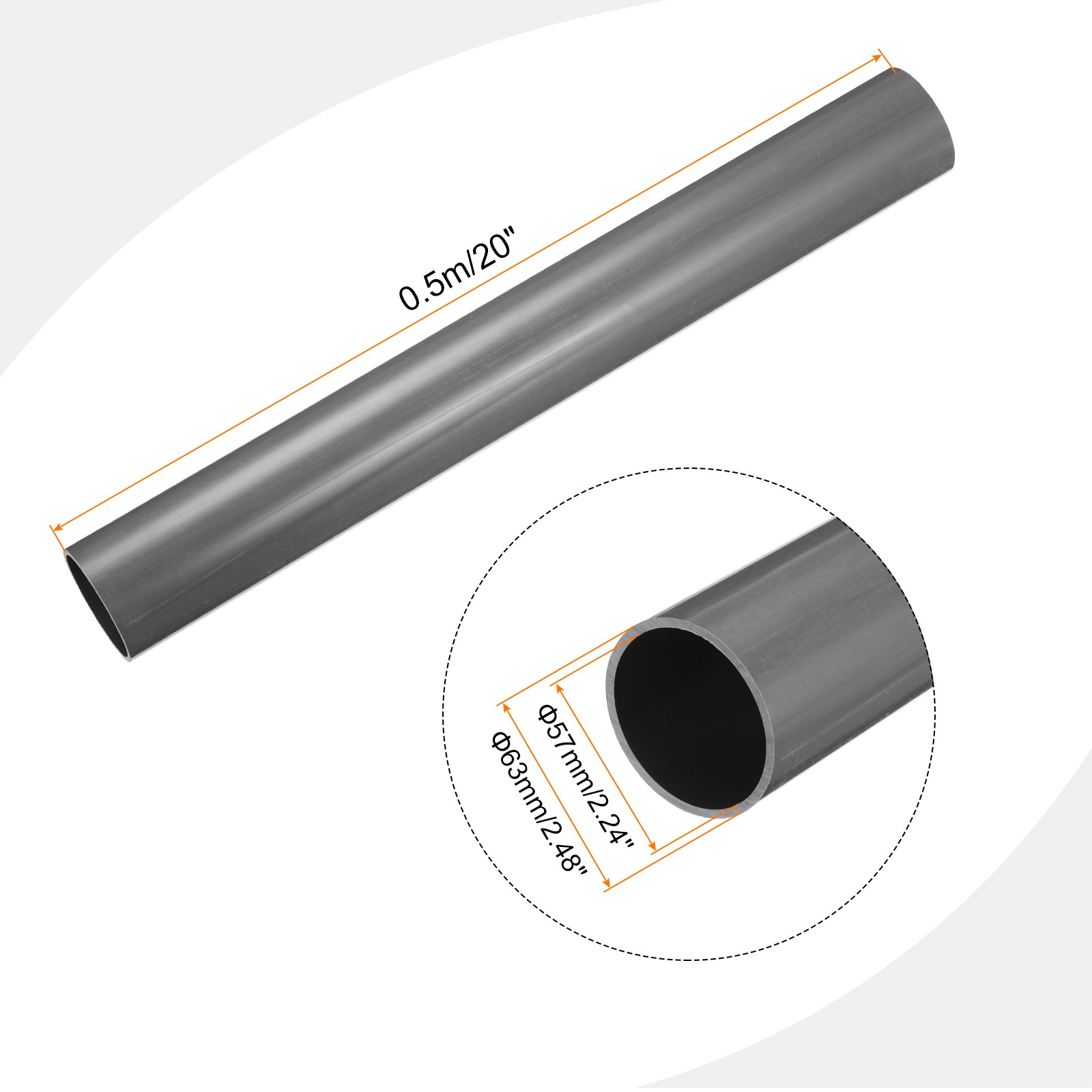 Rigid Round Pipe 57mm ID 63mm OD 500mm Light Grey High Impact