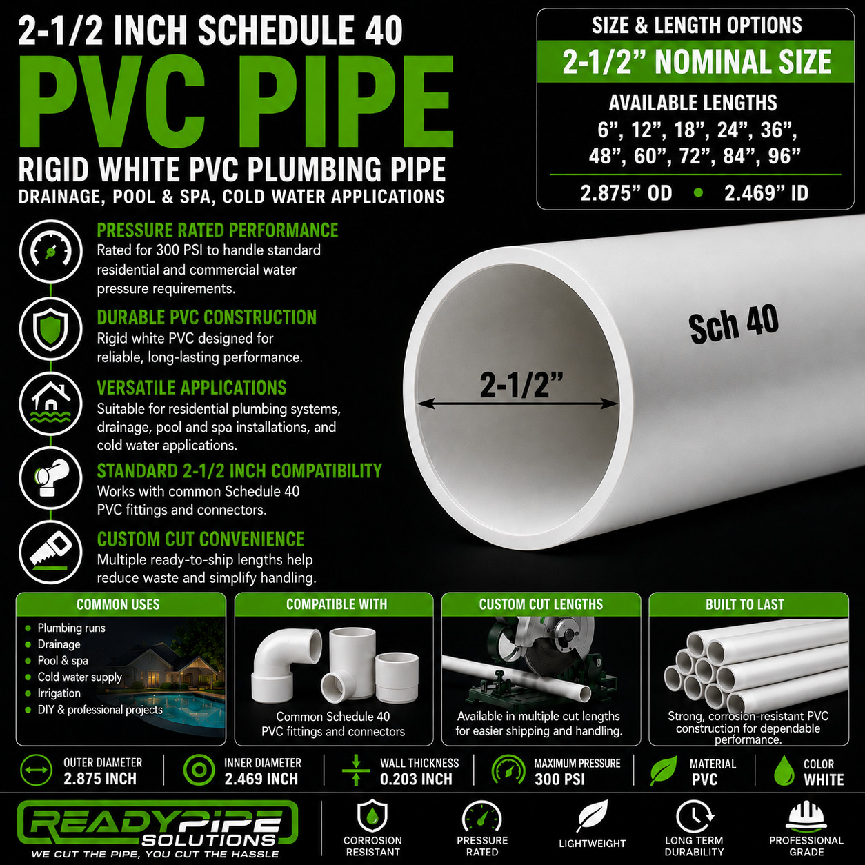2-1/2″ PVC Pipe | Schedule 40 | Custom Cut Lengths 4″-108″ | Pool Repair & DIY