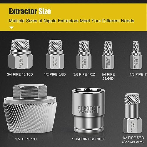 1.5” Tub Drain Extractor, 8PCS Pipe Nipple Extractor Set with 1-inch Socket,