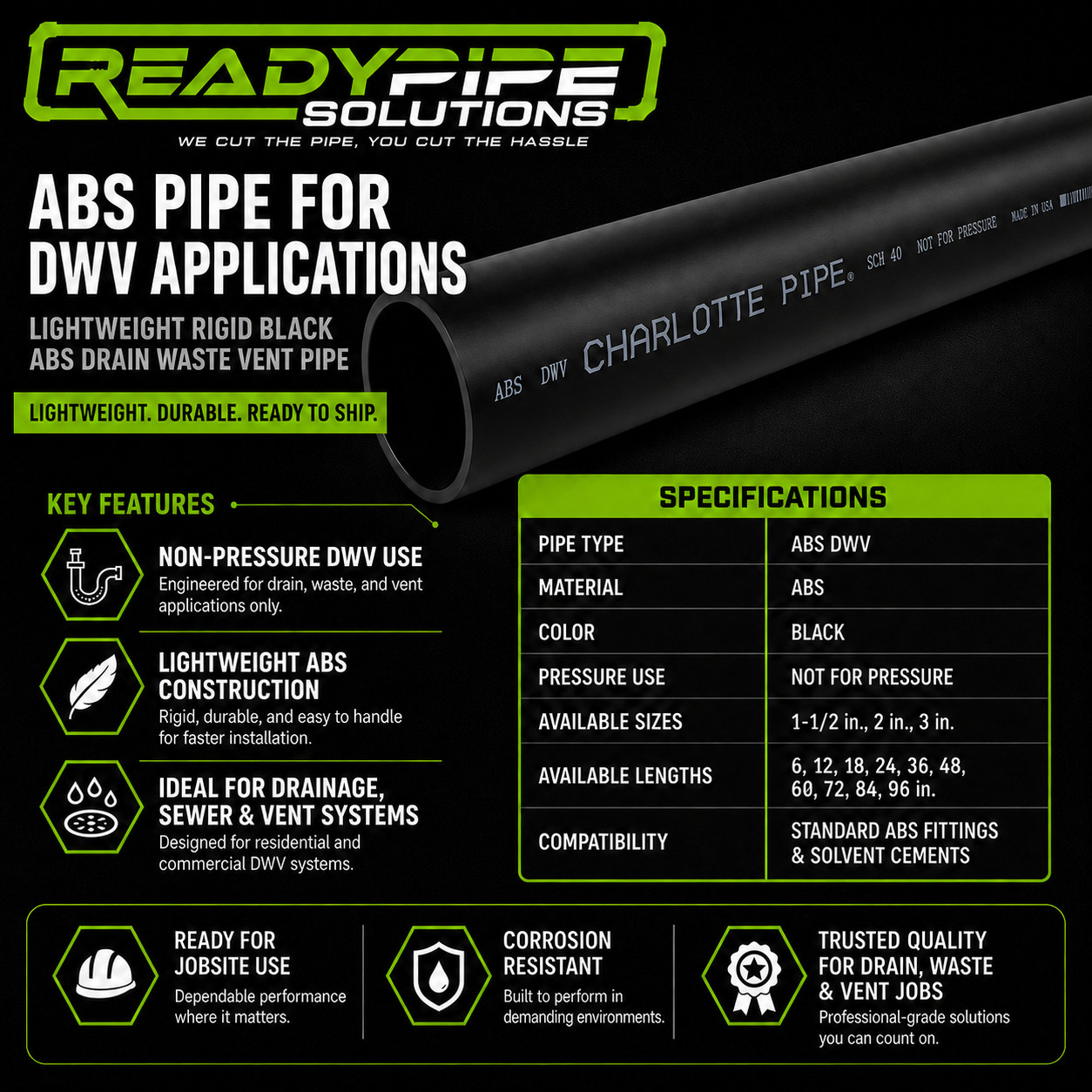 2″ ABS DWV Pipe | Black | Drain Waste Vent | Plumbing Pipe