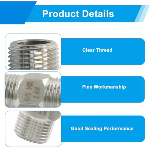 NPT Hex Nipple Pipe Fittings, Pack of 2 | 304 Stainless 3/8″ Male x 3/8″ Male