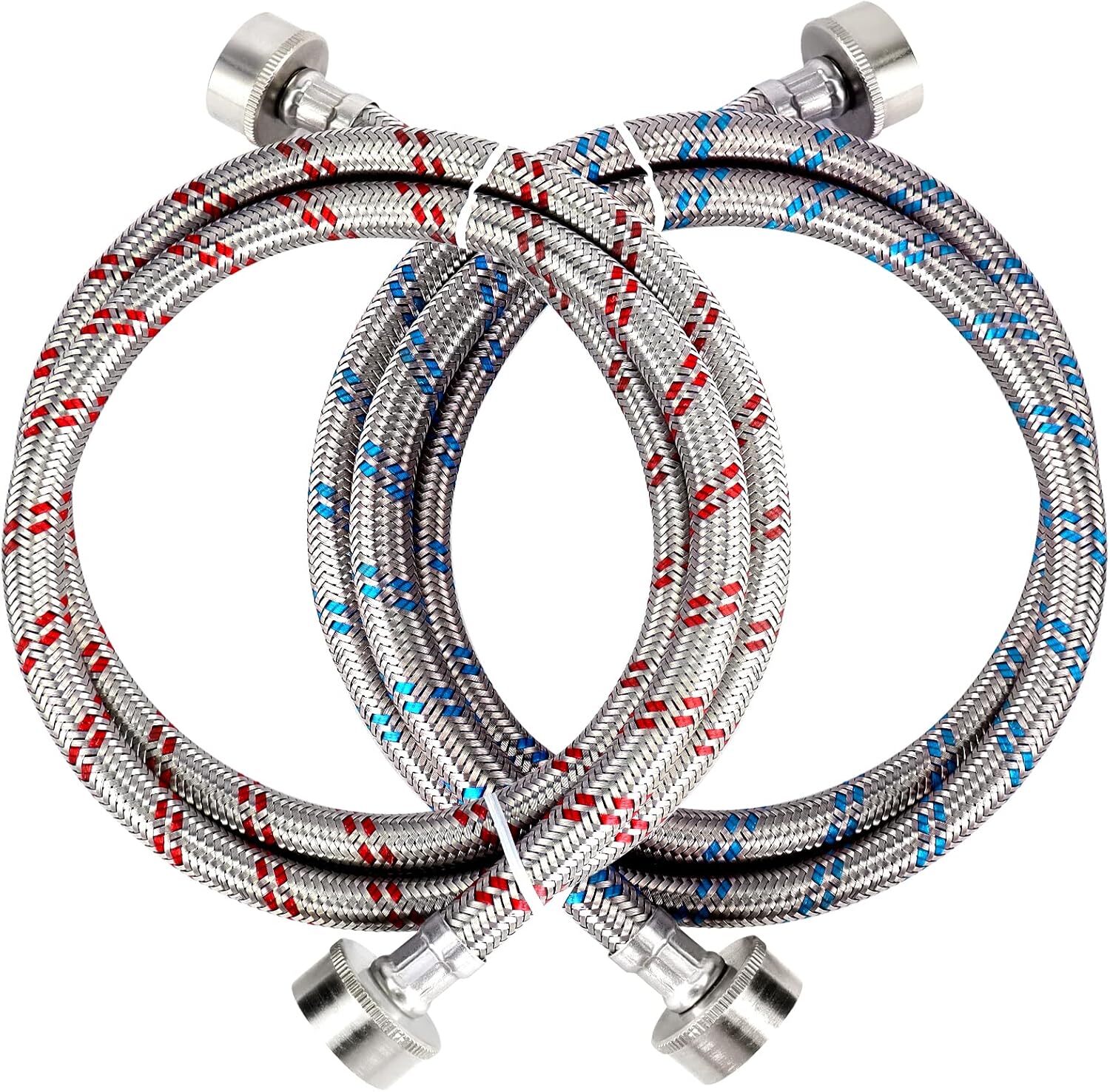 4ft Stainless Steel Washer Hoses 2-Pack – Burst Proof Hot/Cold Water Supply