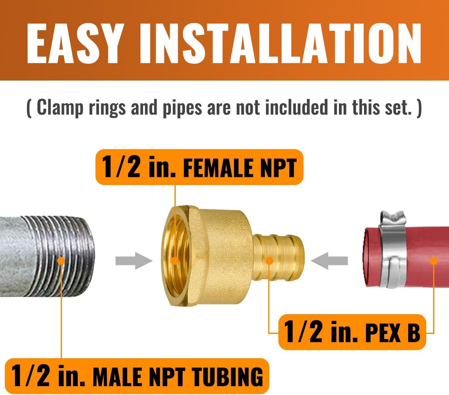 1/2in Brass PEX Barb Female Adapter, 6-Pack