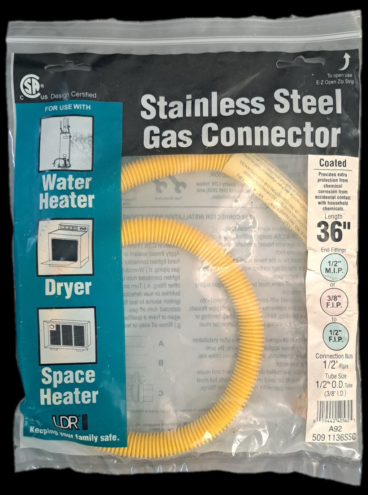LDR Coated Stainless Steel Flex Gas Connector 1/2″MIP (3/8″FIP) to 1/2″FIP, 36″L