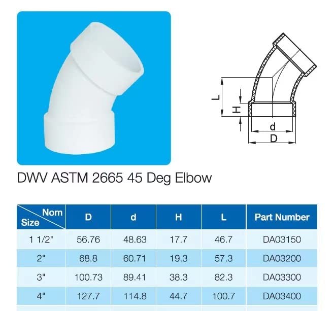 DWV 45 Degree PVC Pipe Elbow -pc, White 3 Inch 1