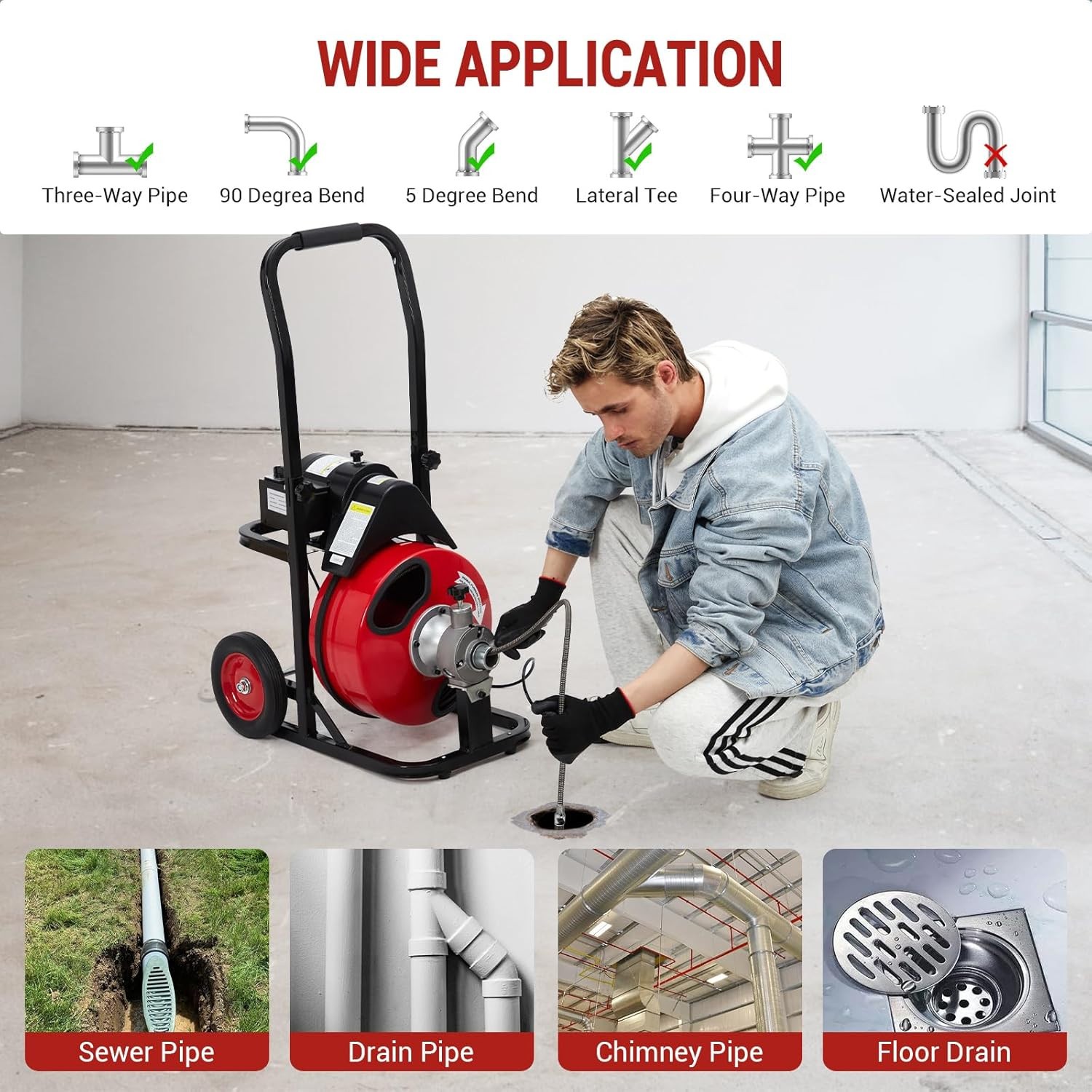 Auto Feed Drain Cleaner Machine 1/2″ 3/8″ Portable Sewer Snake Auger 75FT/100FT