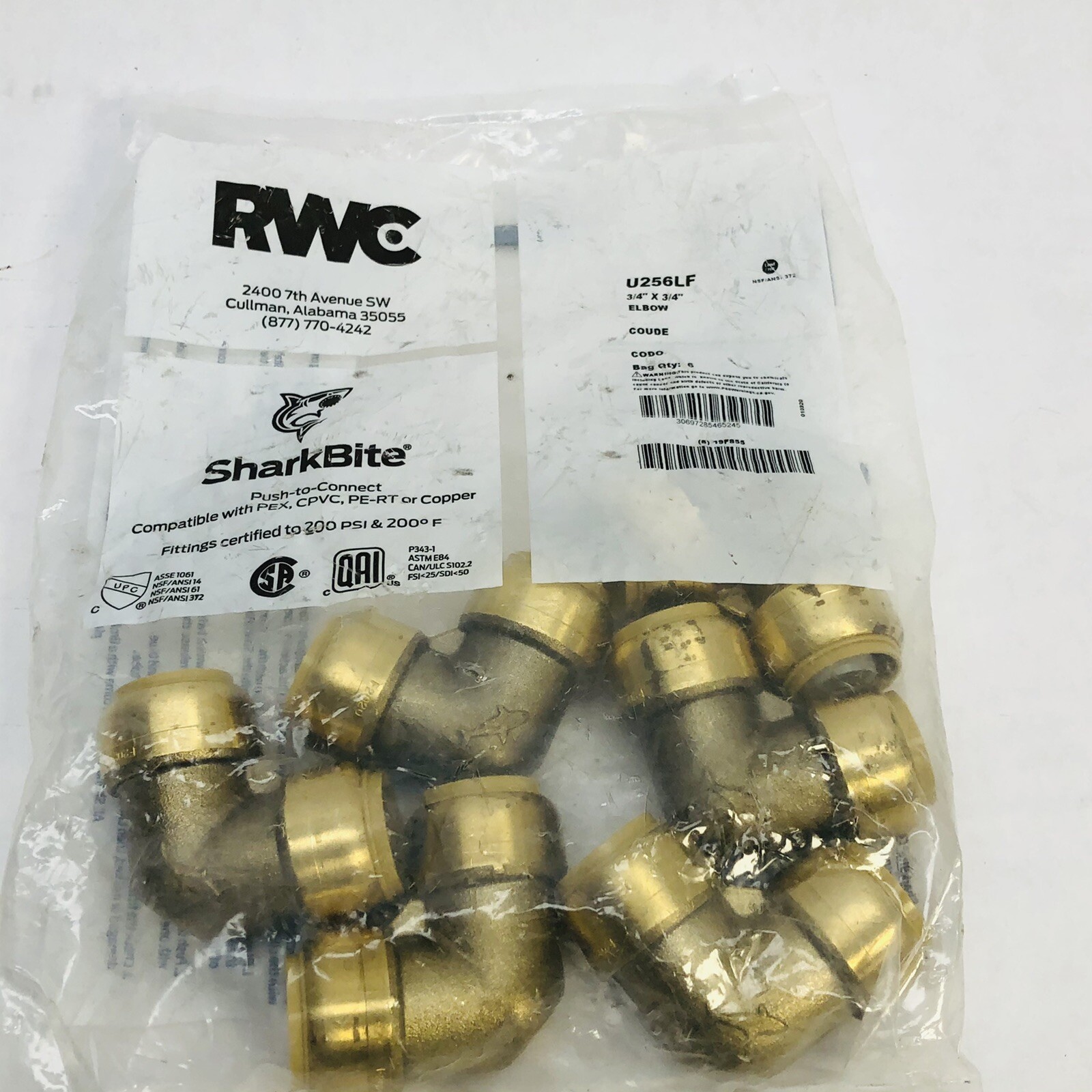 BAG OF 6 SHARKBITE ¾” X ¾” U256LF 90º PUSH-TO-CONNECT ELBOW FITTING