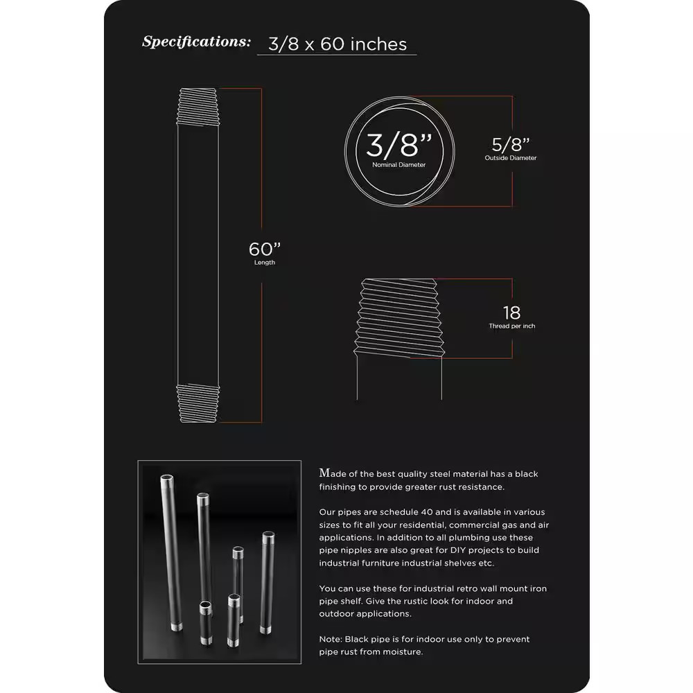 3/8 In. X 60 In. Black Steel Pipe (5-Pack)